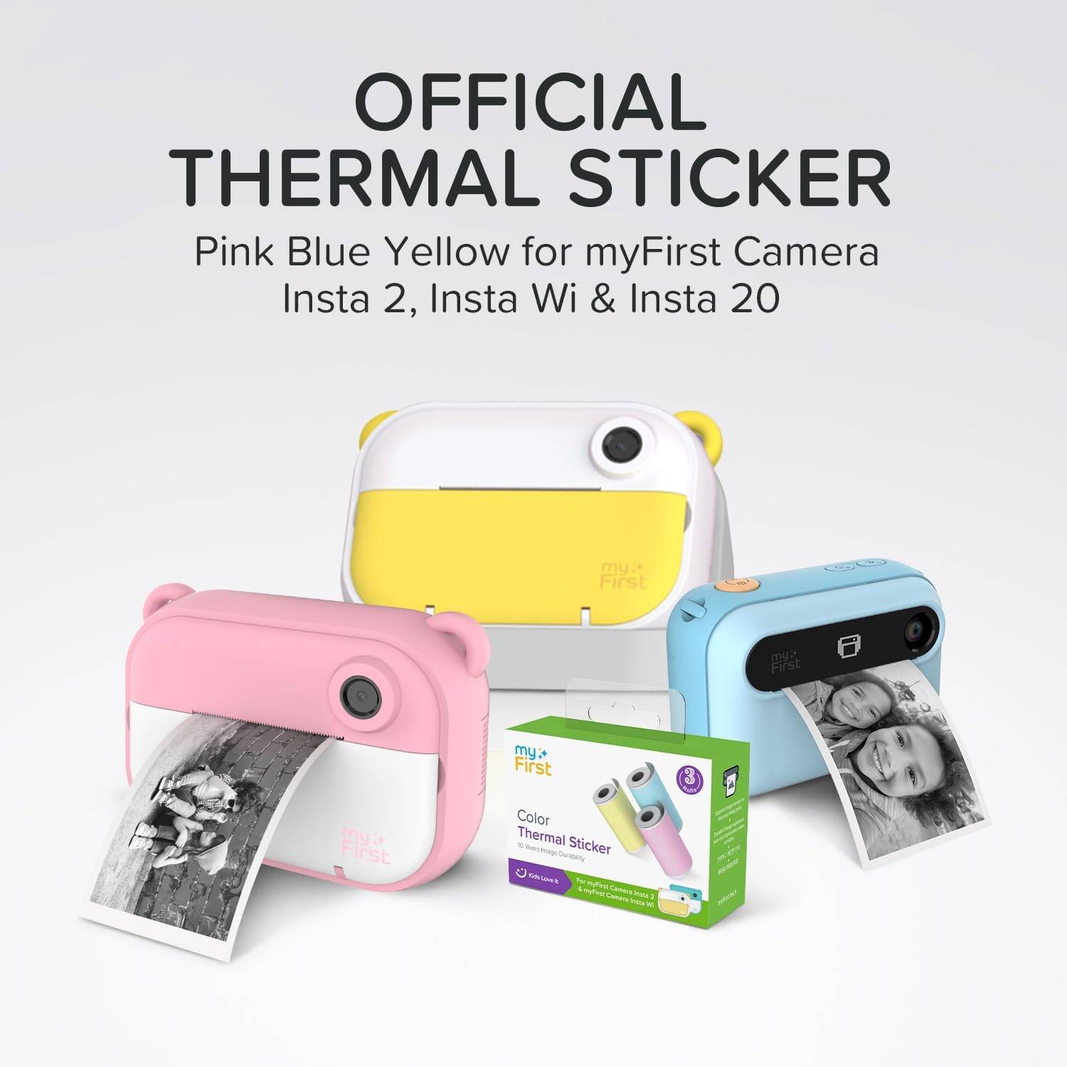 Anzeige für offizielles Thermopapier für myFirst Camera Insta 2, Insta Wi und Insta 20, gezeigt mit rosa, blau und gelben Kameras, die Fotos drucken.
