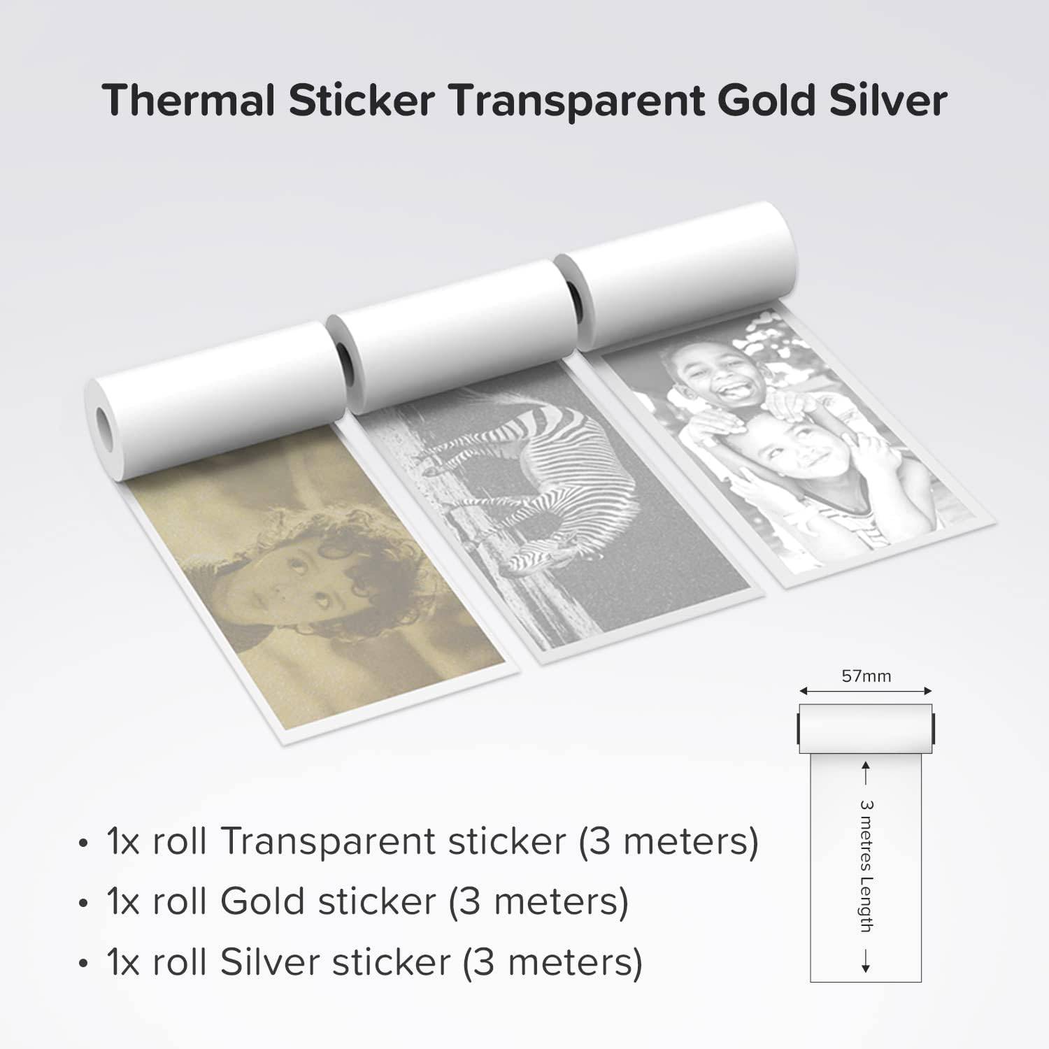 Produktbild von thermischen Aufkleberrollen in transparenter, gold- und silberfarbener Ausführung, die Musterfotodruck zeigen; Text vermerkt drei 3-Meter-Rollen und eine Breite von 57 mm.