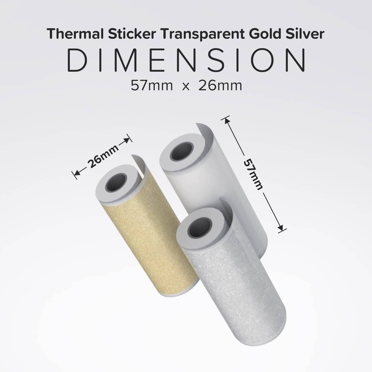 Produktdimensionsgrafik für Thermoetiketten: drei Rollen in Gold, Silber und Transparent, beschriftet mit 57 mm x 26 mm.