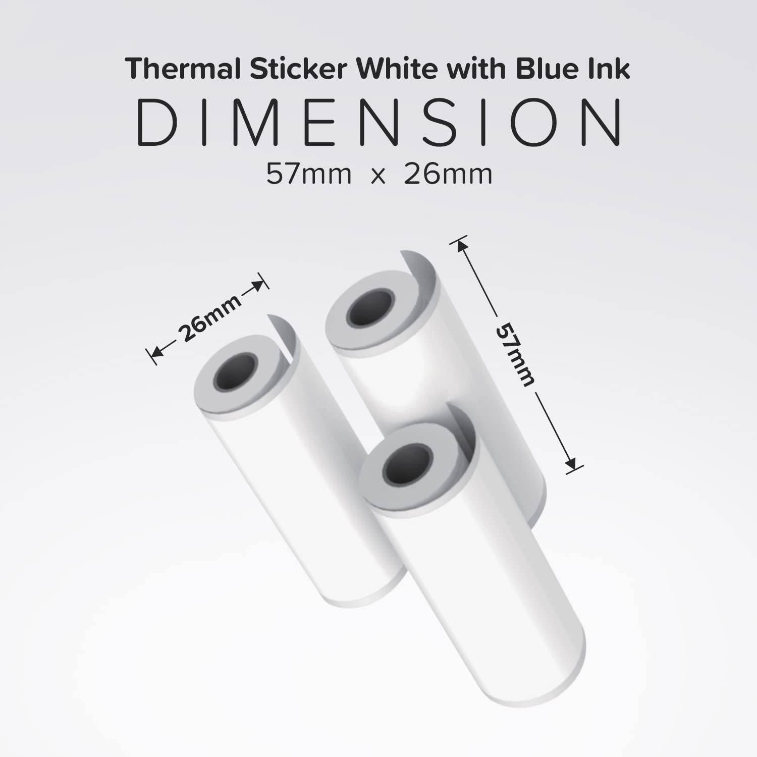 Diagramm von Thermoetiketten-Rollen mit der Bezeichnung „Thermal Sticker Weiß mit blauer Tinte