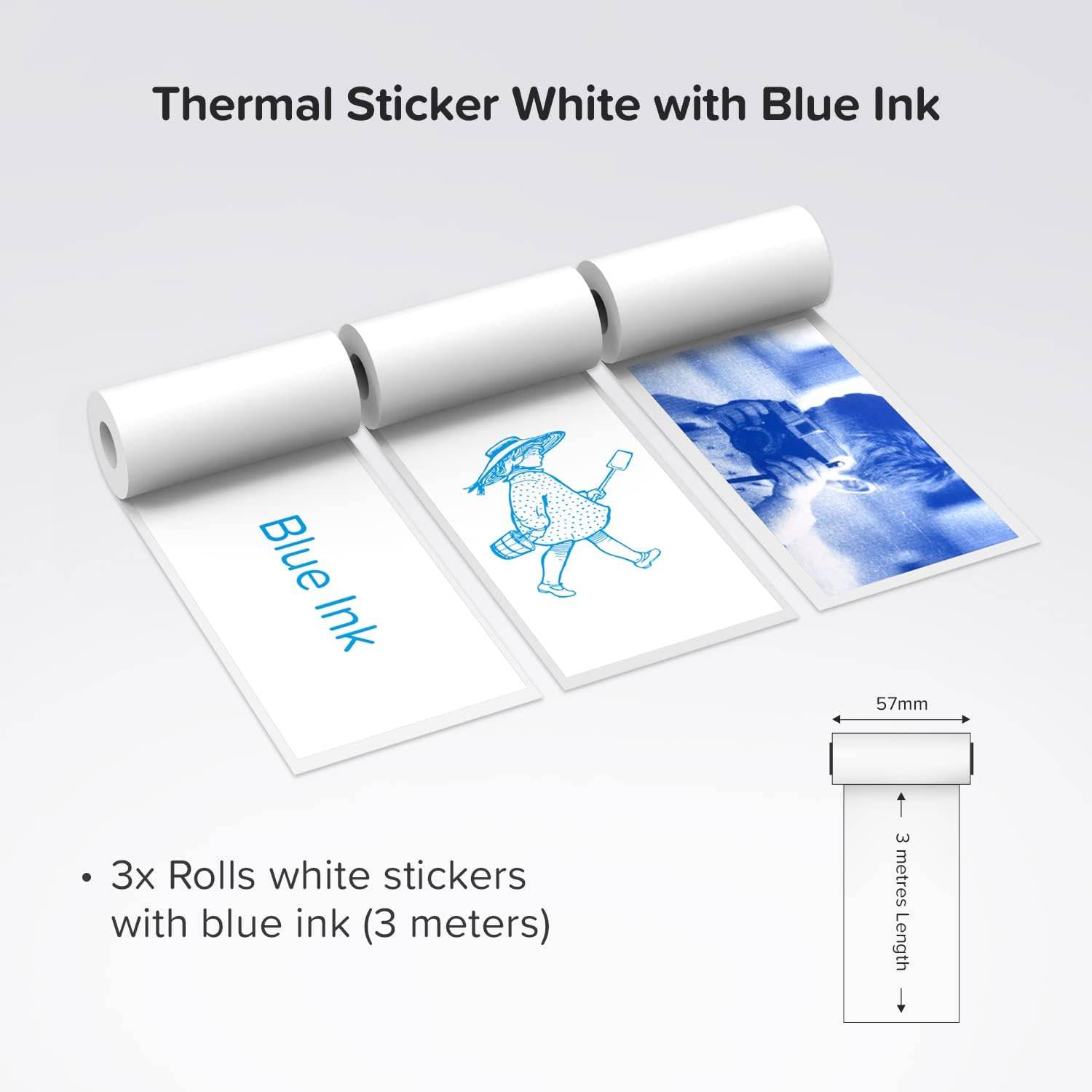 Produktbild von drei weißen Thermoetiketten-Rollen mit blauen Tintendrucken, mit der Bezeichnung „Thermal Sticker White with Blue Ink