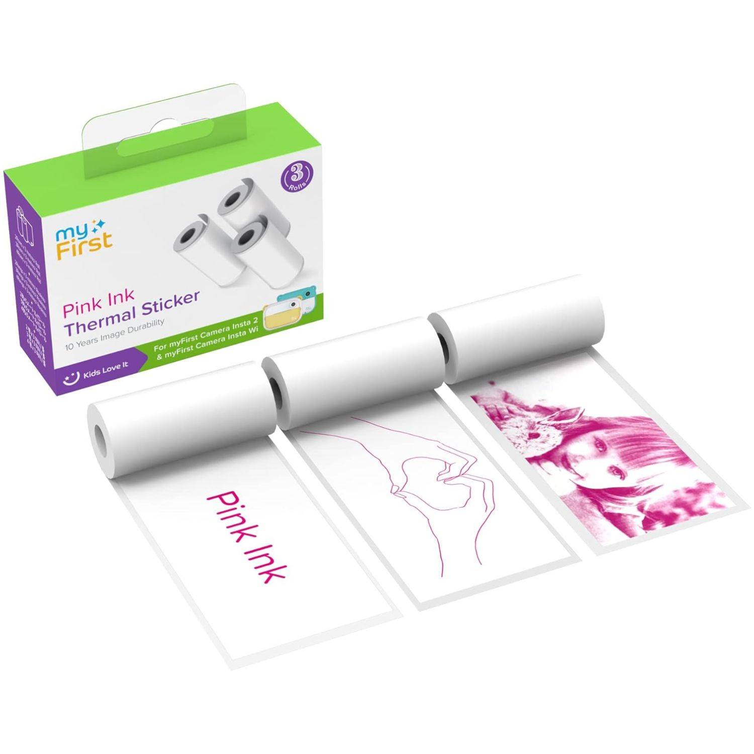Karton mit 'Pink Ink Thermal Sticker'-Rollen mit rosa bedruckten Fotostickern und einem Linienzeichnungssticker