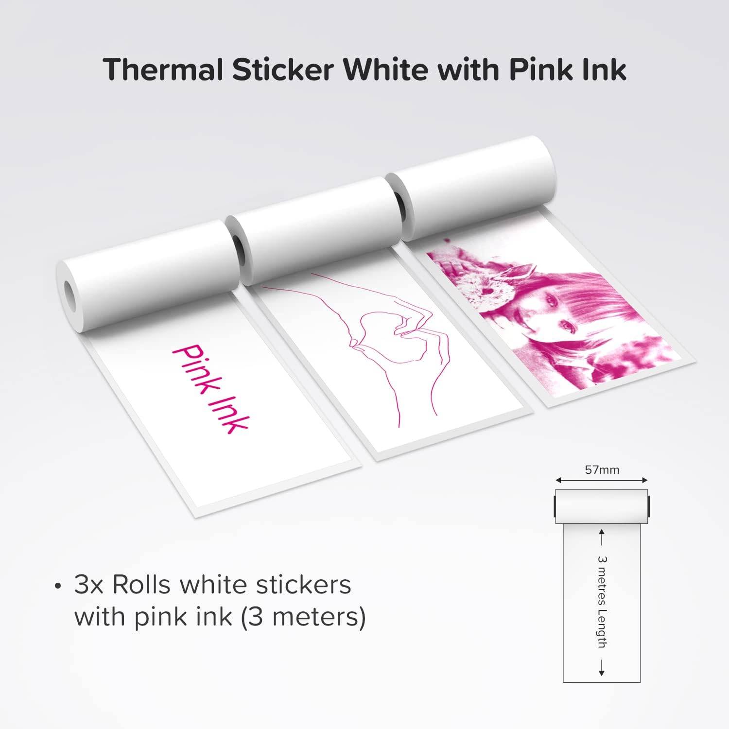 Produktbild von Thermokleberolle mit weißen Etiketten und rosa Tinte; Text besagt „Thermokleberolle Weiß mit rosa Tinte