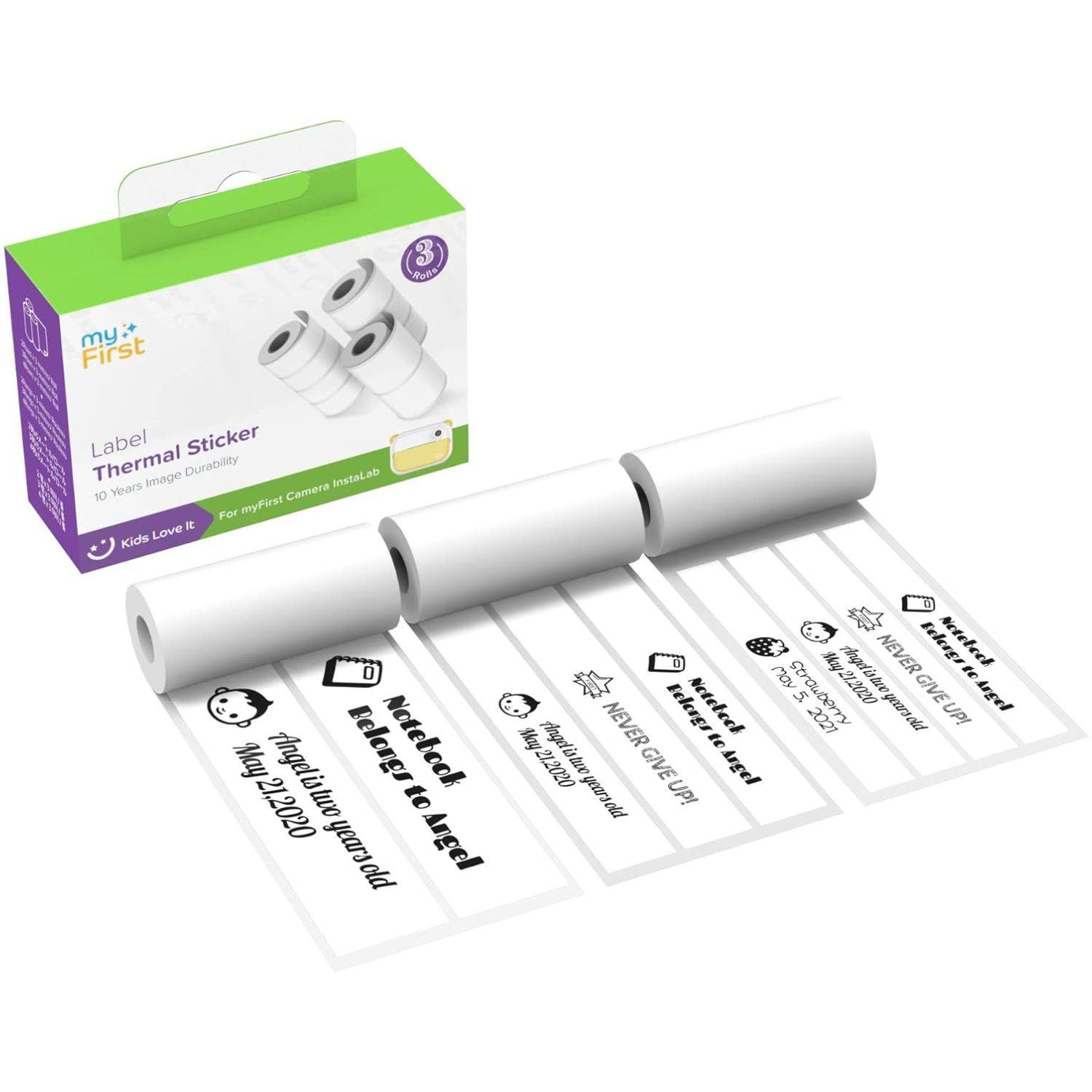 Produktbild von drei Rollen weißer Thermodrucker-Etikett-Aufkleber neben einer lila-grünen Box mit gedruckten Beispieletiketten zur Lagerung und Organisation.