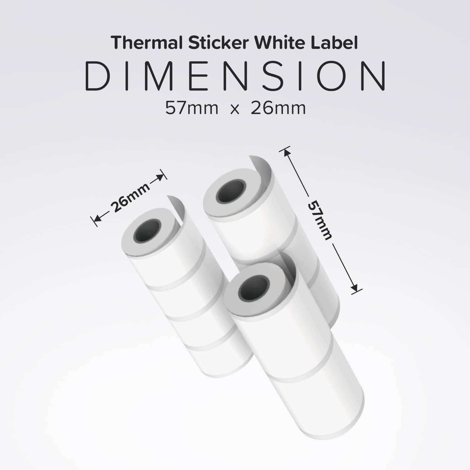 Produktabbildung mit thermischen Aufklebern in Weiß; Abmessungen 57 mm x 26 mm, mit abgebildeten Rollen und Pfeilen, die Breite und Länge kennzeichnen.