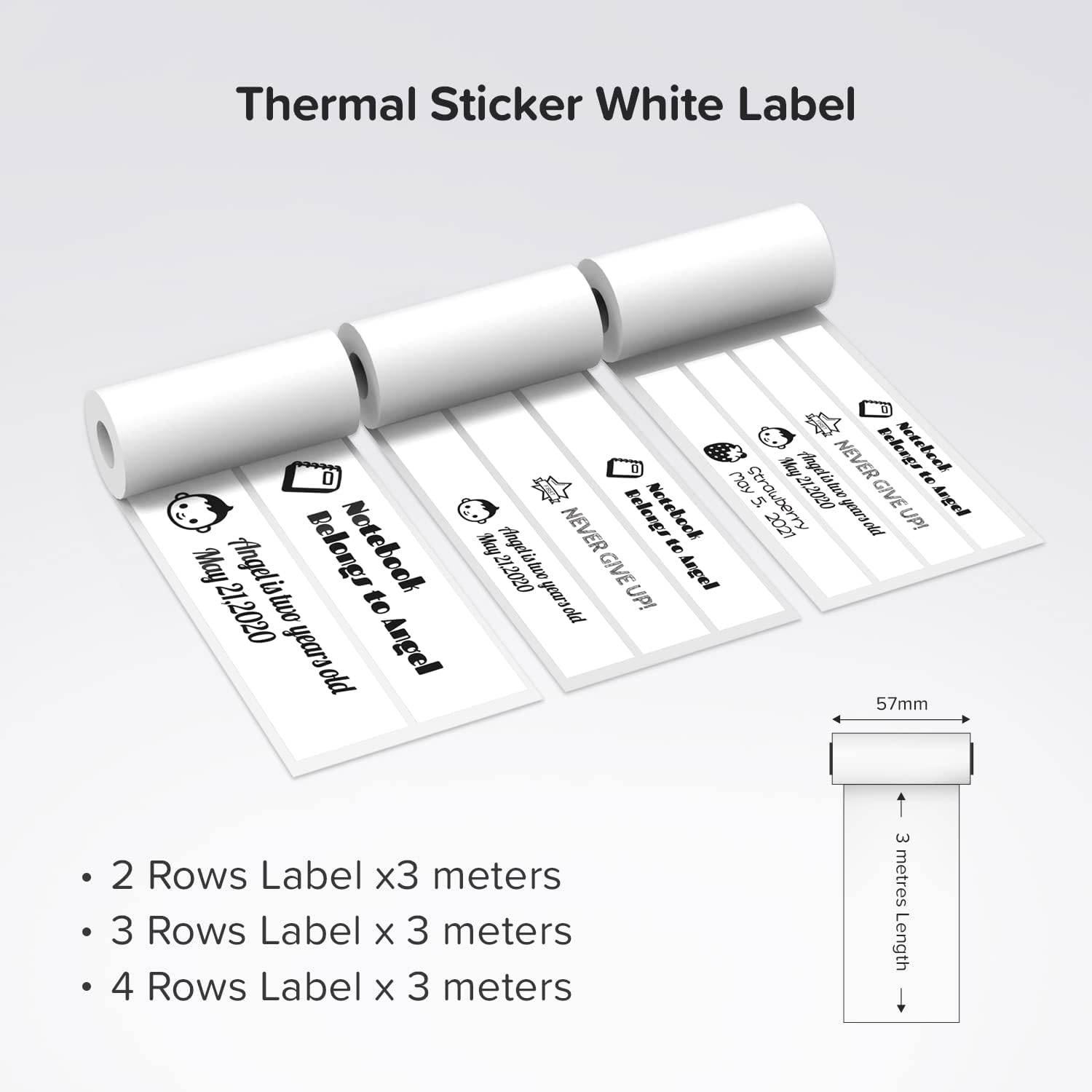 Produktbild von Thermopapier-Etiketten in Weiß-Label-Rollen, zeigt Beispiel-Etikettenlayouts für 2, 3 und 4 Reihen; Etiketten sind 57 mm breit und 3 Meter lang.
