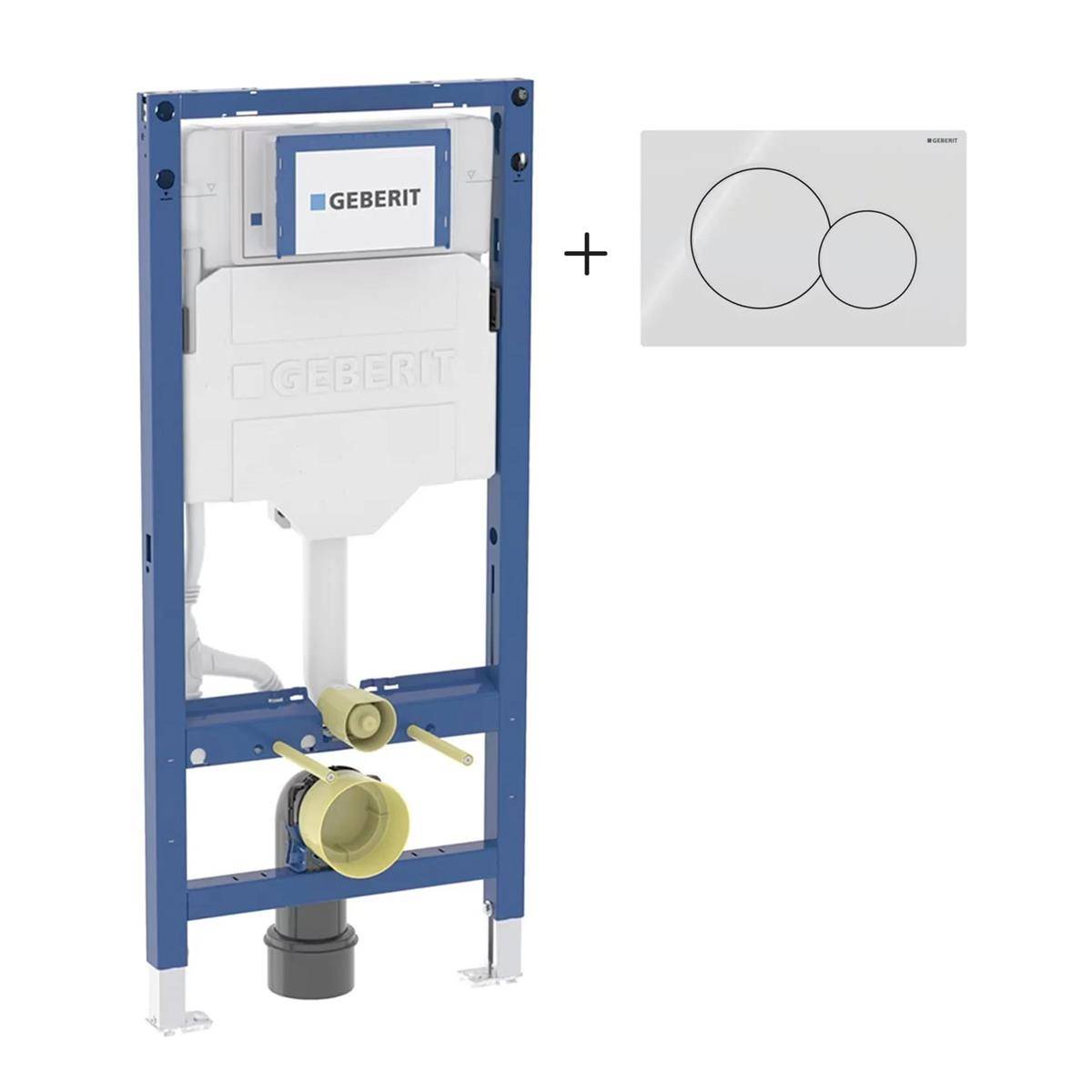 Geberit verdecktes Toilettenspülkastensystem mit Spülplatte und doppelter runder Tastenabdeckung, dargestellt als kombiniertes Installationssatz.