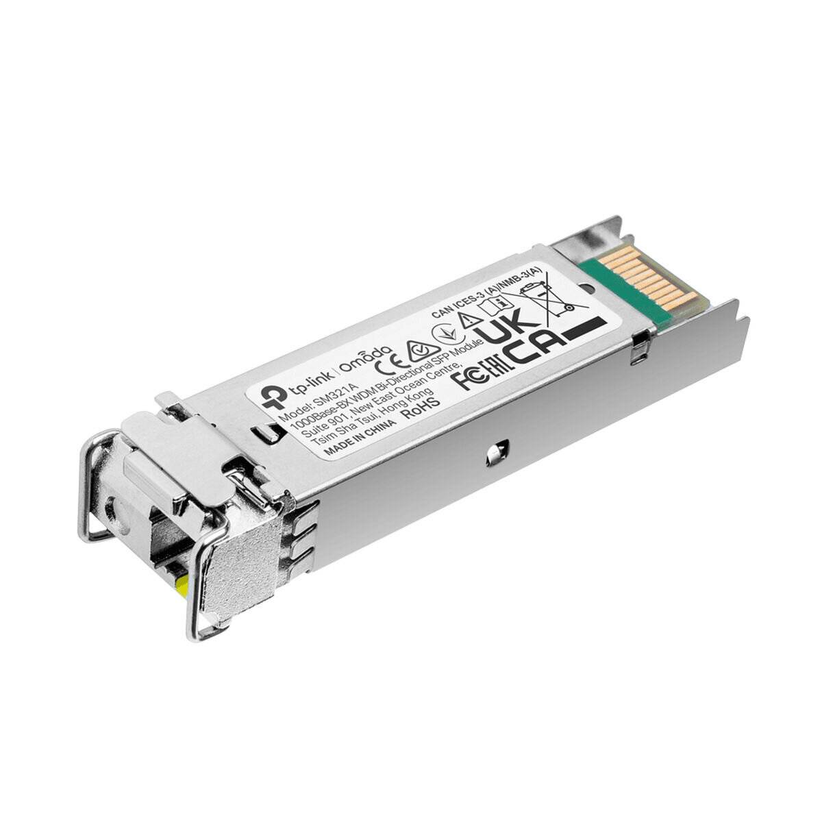 Optisches Metallsendeempfängermodul mit Zugtab und Steckerkontakten, gezeigt auf weißem Hintergrund.