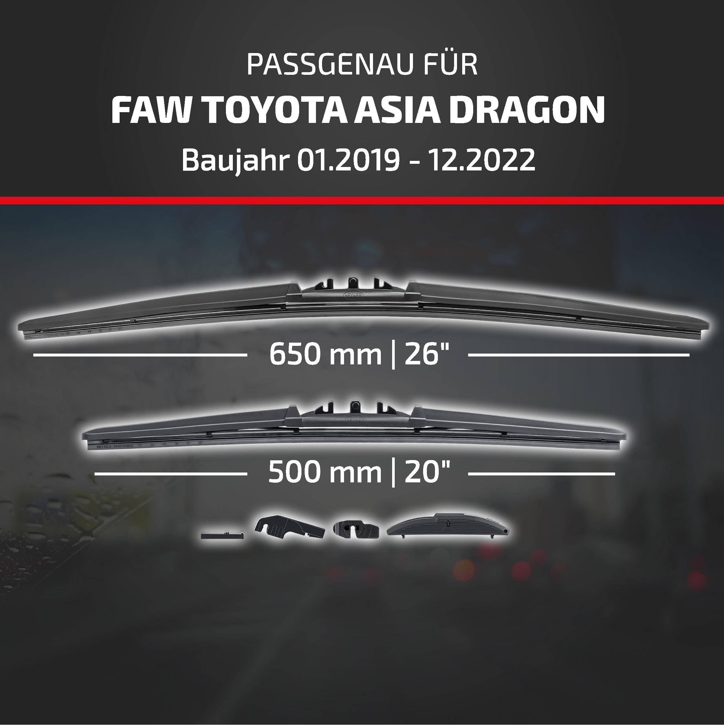Die Anzeige zeigt die Kompatibilität von Wischblättern für FAW Toyota Asia Dragon, Modelljahre 01.2019–12.2022, mit den Größen 650 mm (26