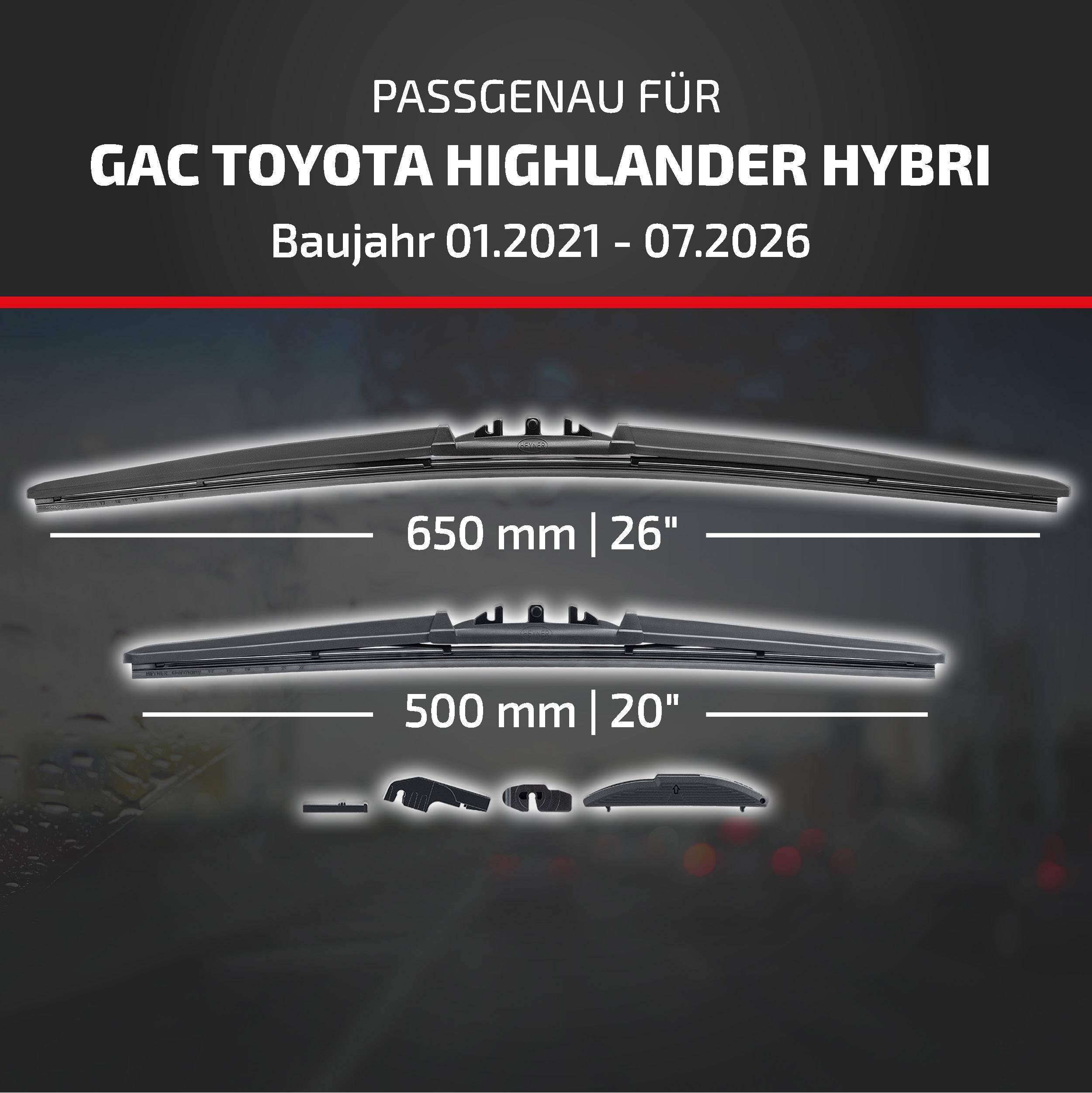 Wischerblatt-Kompatibilitätsgrafik für GAC Toyota Highlander Hybrid, Modelljahre 01.2021-07.2026, zeigt Wischergröße von 650 mm (26