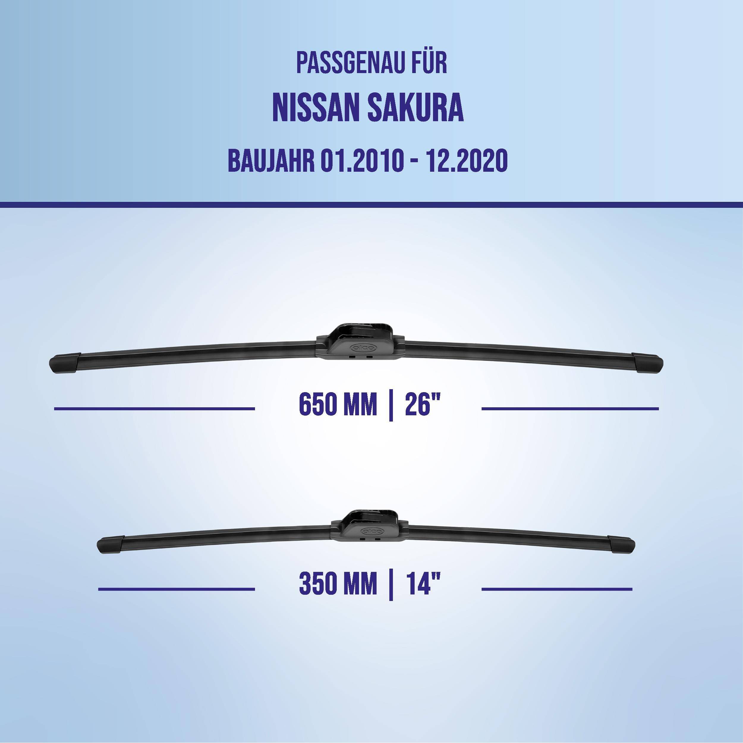 Wischerblätter kompatibel mit Nissan Sakura, Modelljahre 01.2010-12.2020; die angezeigten Größen sind 650 mm (26