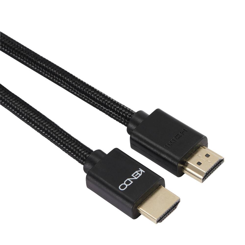 Nahaufnahme eines schwarzen geflochtenen HDMI-Kabels mit zwei vergoldeten Steckern, einer mit der Bezeichnung „KONO