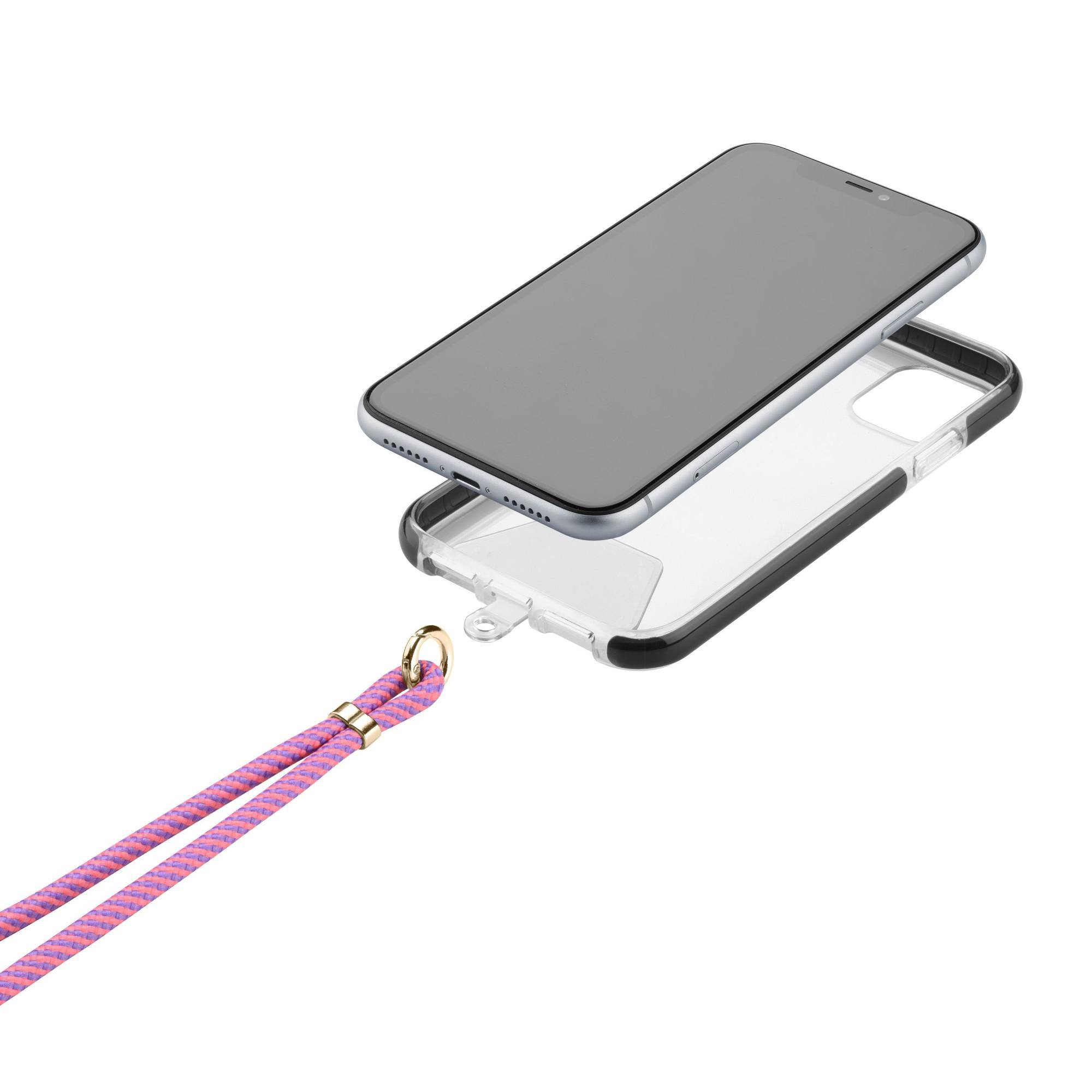 Telefon in einer klaren Schutzhülle mit einem rosa-violetten Lanyard-Riemen, der an der Hülle befestigt ist