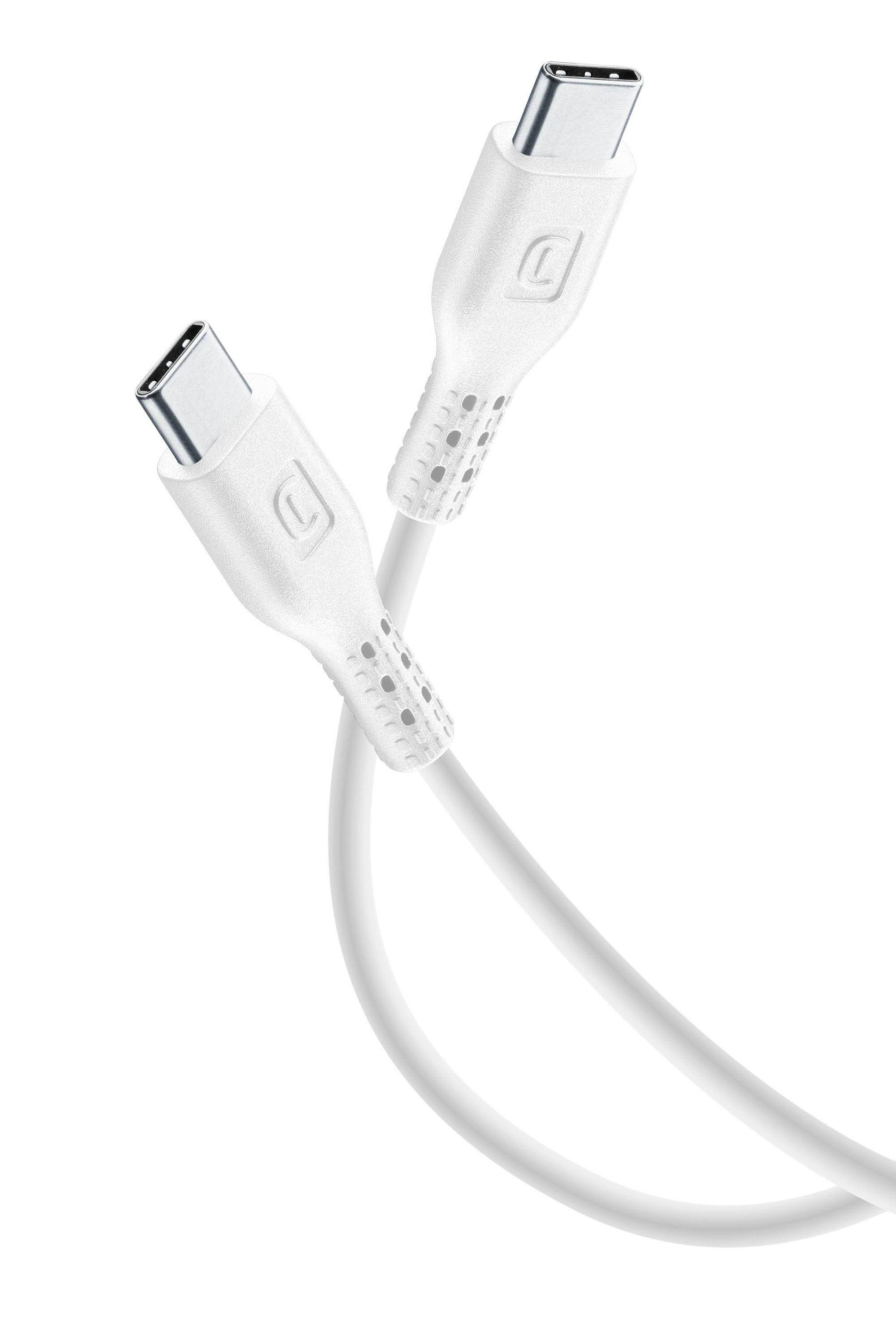 Weißes USB-C-Kabel mit zwei Anschlüssen auf einfachem Hintergrund gezeigt.