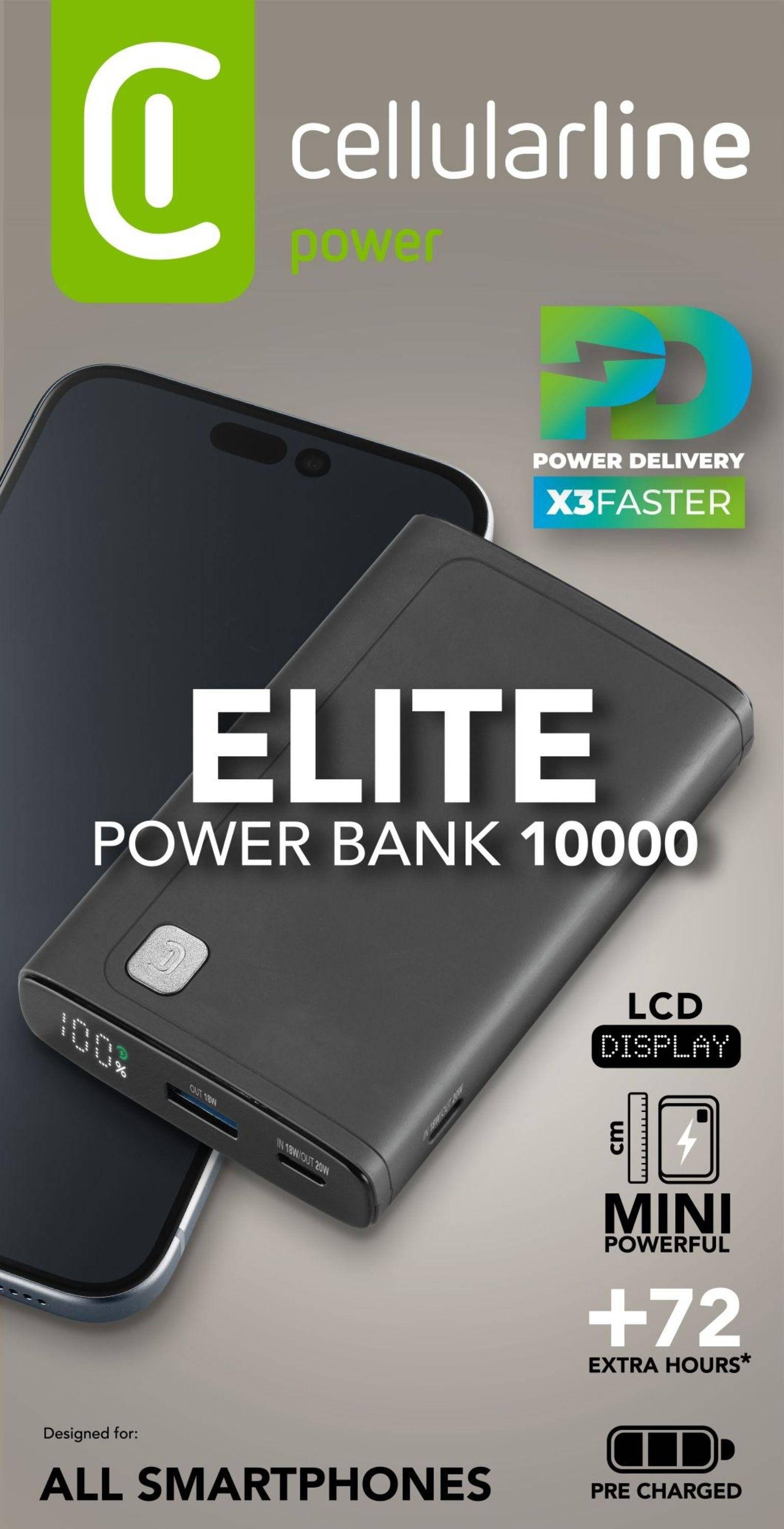 Angebot für Cellularline Power Bank Elite 10000, zeigt ein schwarzes tragbares Ladegerät neben einem Smartphone mit Aussagen wie „X3 schneller