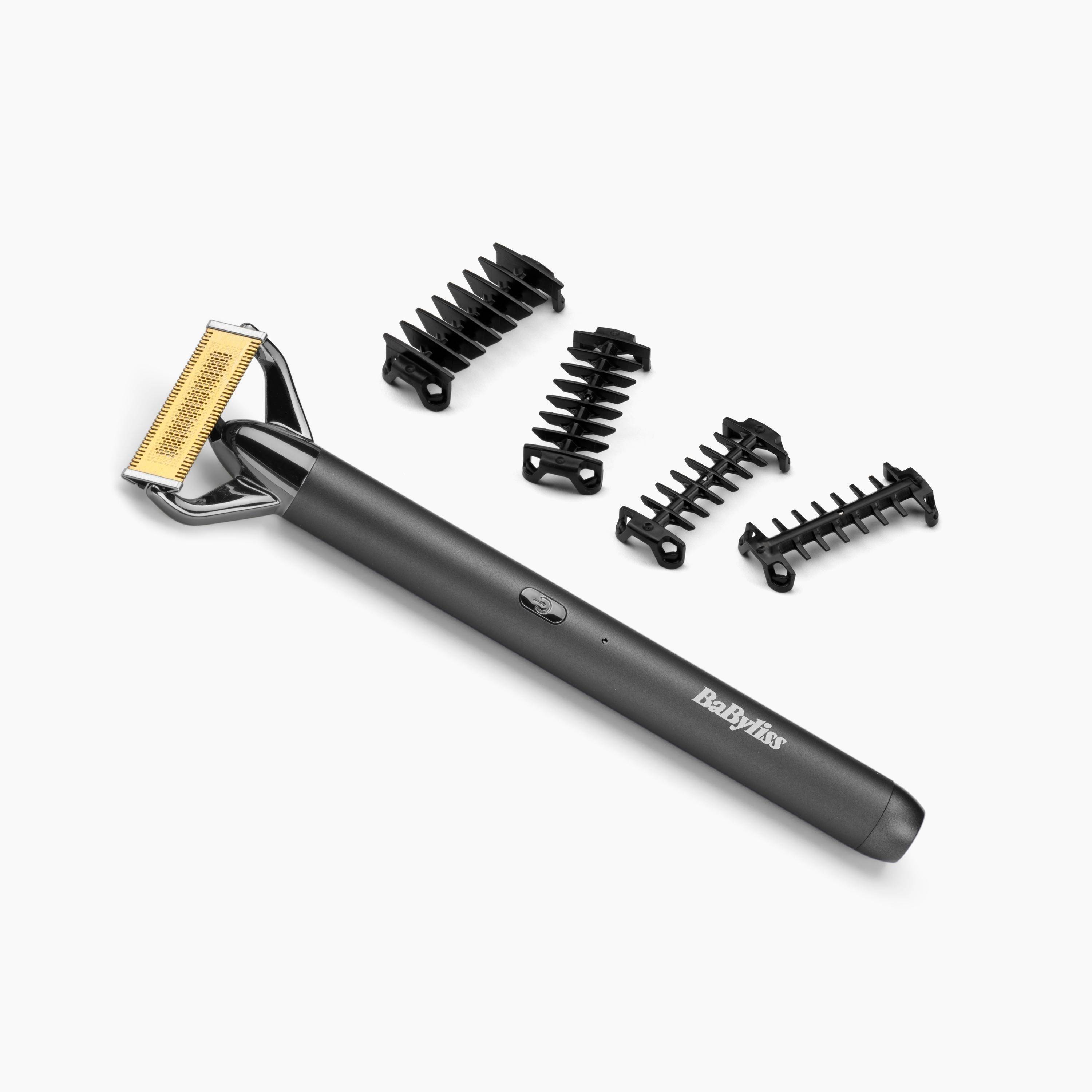 BaByliss elektrischer Körperrasierer mit vier austauschbaren Kammaufsätzen auf weißem Hintergrund.
