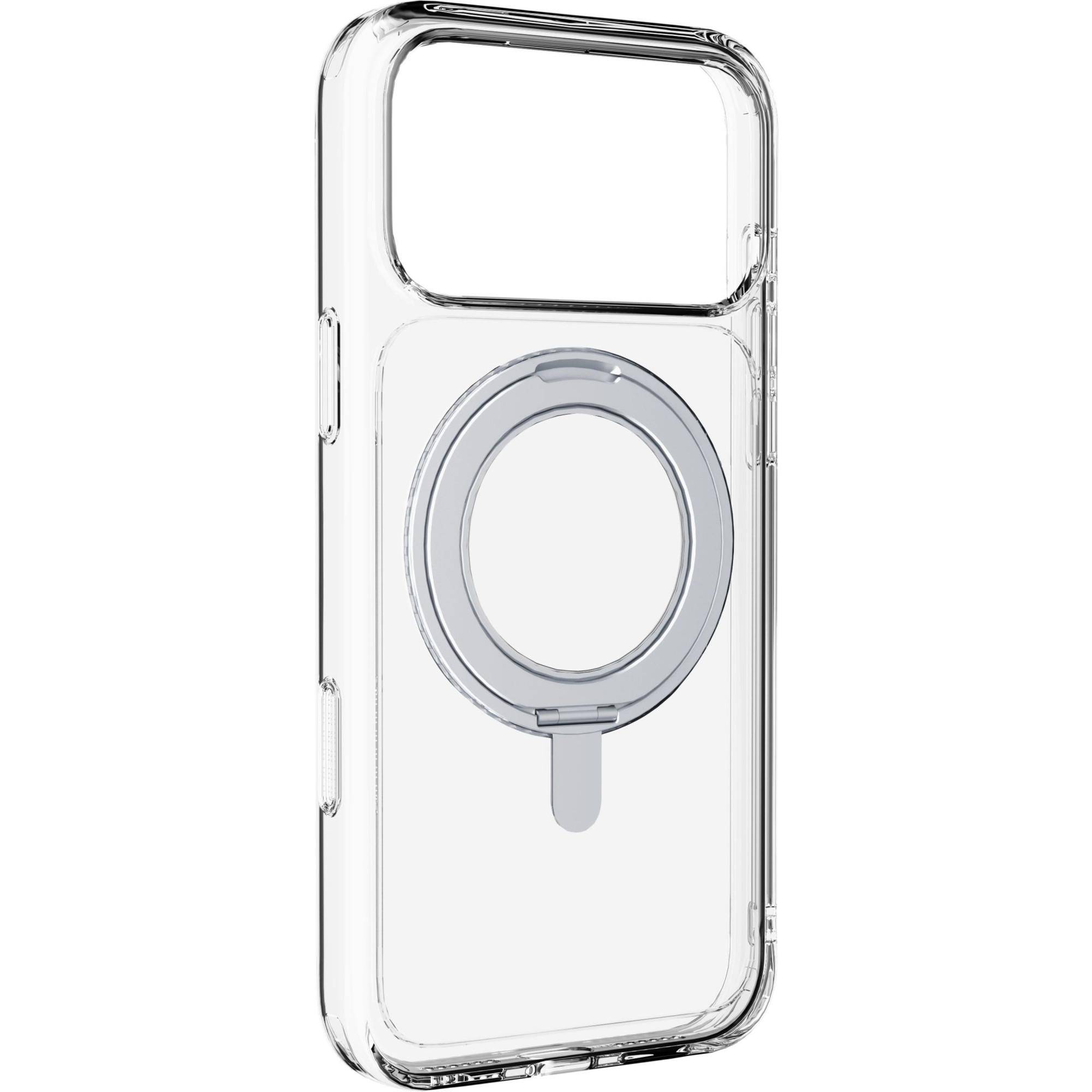 Transparente Handyhülle mit einem integrierten kreisförmigen MagSafe-ähnlichen Ring in der Mitte der Rückseite.
