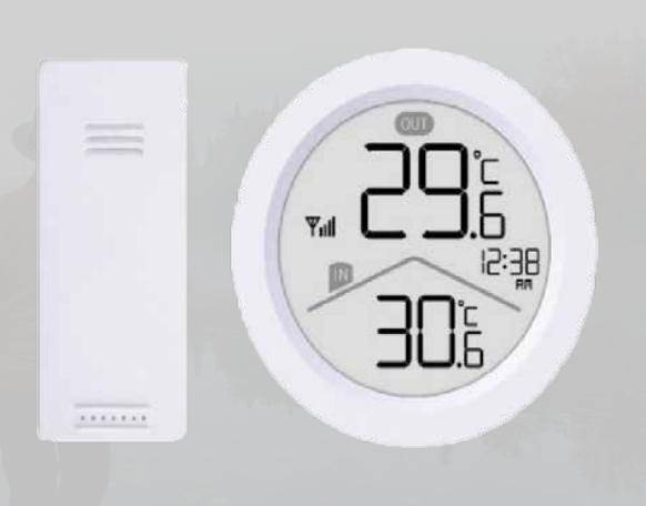 Drahtloses Thermometer-Display zeigt Außentemperatur von 29,6°C, Innentemperatur von 30,6°C und die Zeit 12:38 Uhr an, mit einer separaten Sensoreinheit daneben.