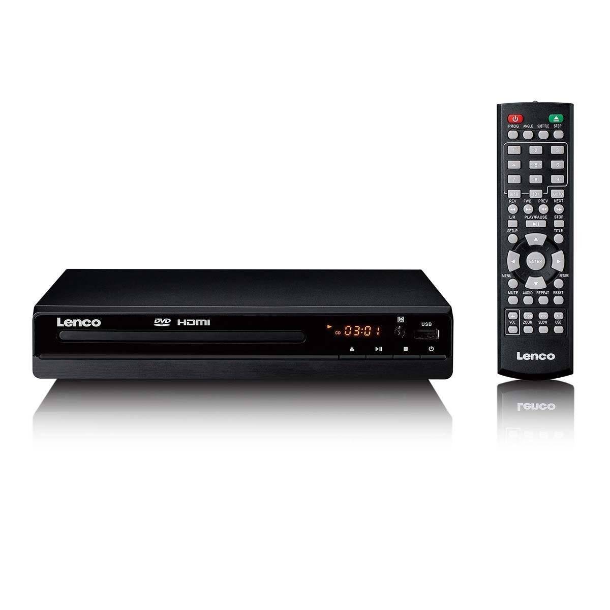 Lenco DVD-Player mit Frontdisplay und HDMI-Anschluss, mit passender Fernbedienung auf weißem Hintergrund dargestellt.