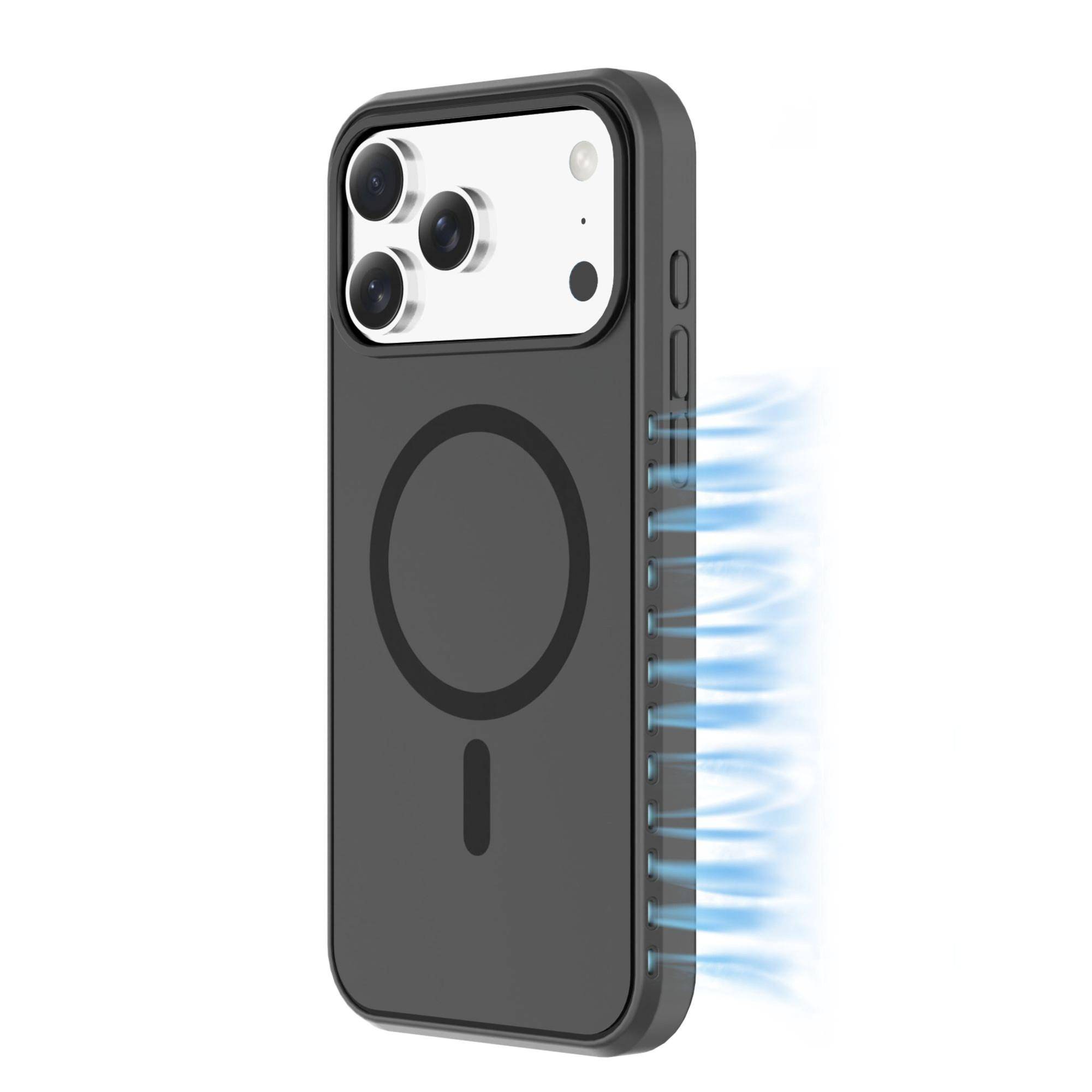 Schwarze Smartphone-Schutzhülle mit MagSafe-Ring, dargestellt mit blauen Luftströmungslinien an der Seite, um Kühlung oder Belüftung anzudeuten.