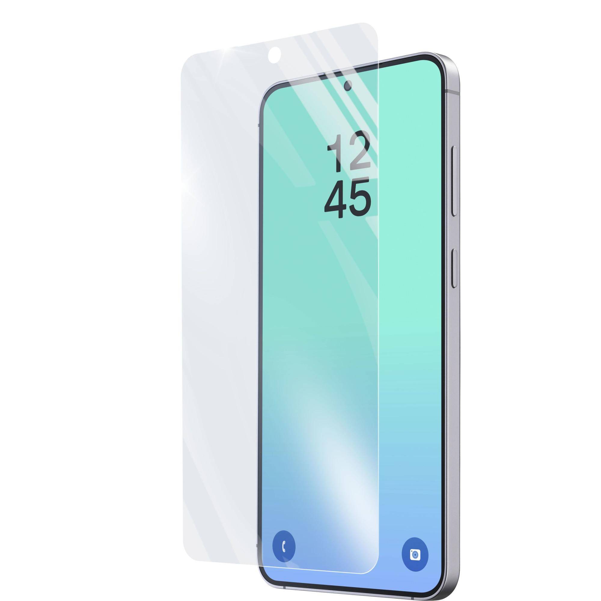 Smartphone mit einer klaren Schutzbildschirmfolie und einem transparenten Gehäuse, auf dem eine Sperrbildschirmzeit von 12:45 angezeigt wird.