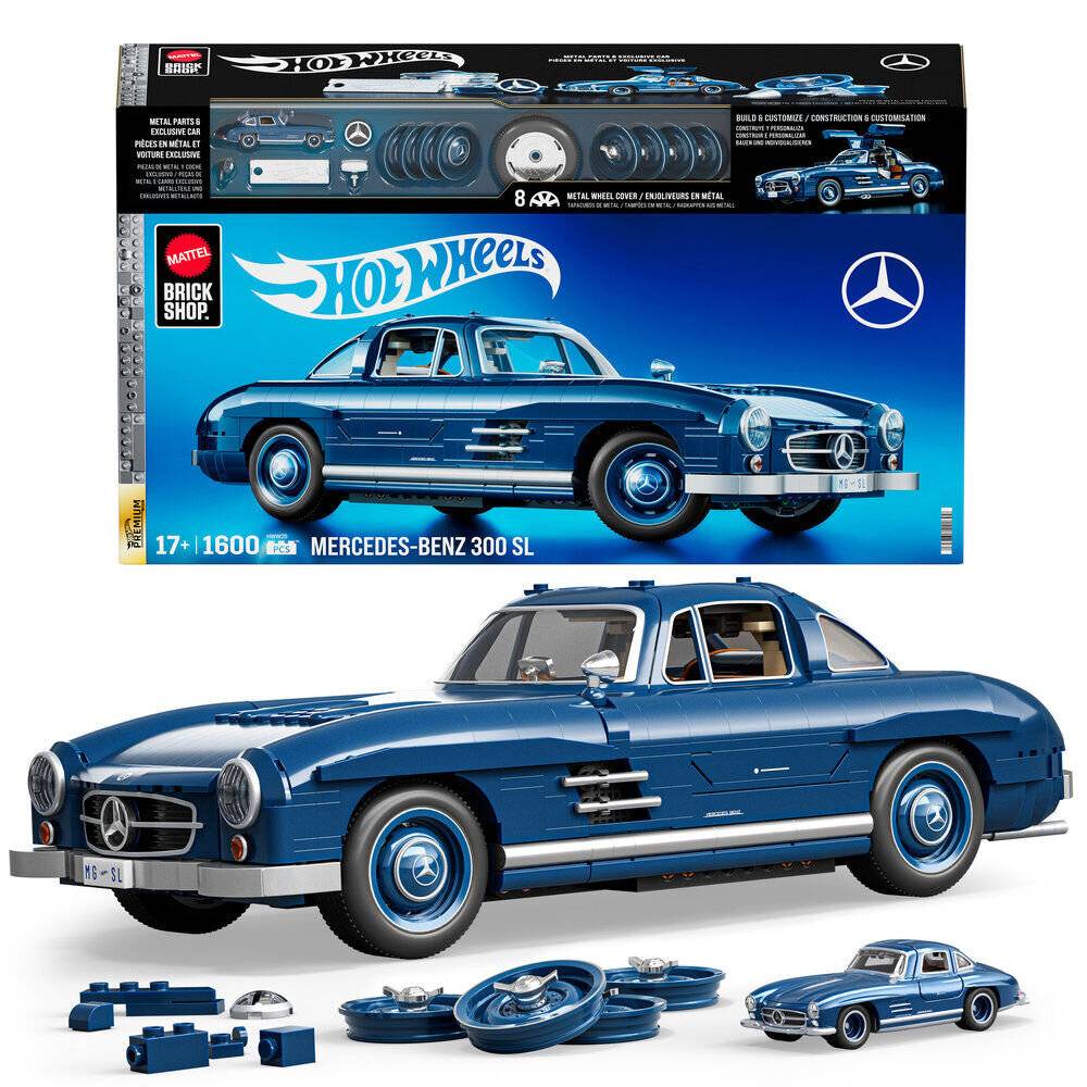 Hot Wheels Brick Shop Mercedes-Benz 300 SL Modellbausatz-Box und fertig gebautes blaues Klassiker-Auto mit losen Teilen und ein kleines fertiges Auto-Modell wie unten gezeigt.
