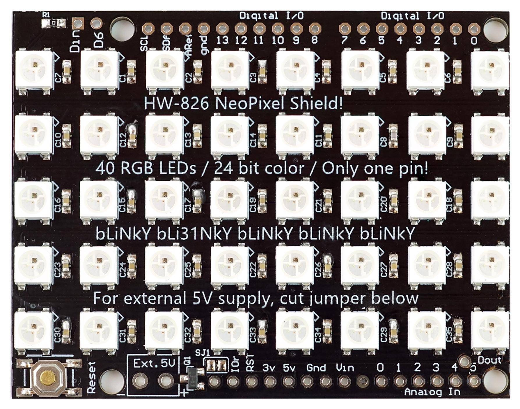 HW-826 NeoPixel-Shield-Platine mit 40 RGB-LEDs in einem Raster, mit beschrifteten Digital-I/O- und Analog-Eingangsstiften für Arduino-Nutzung.
