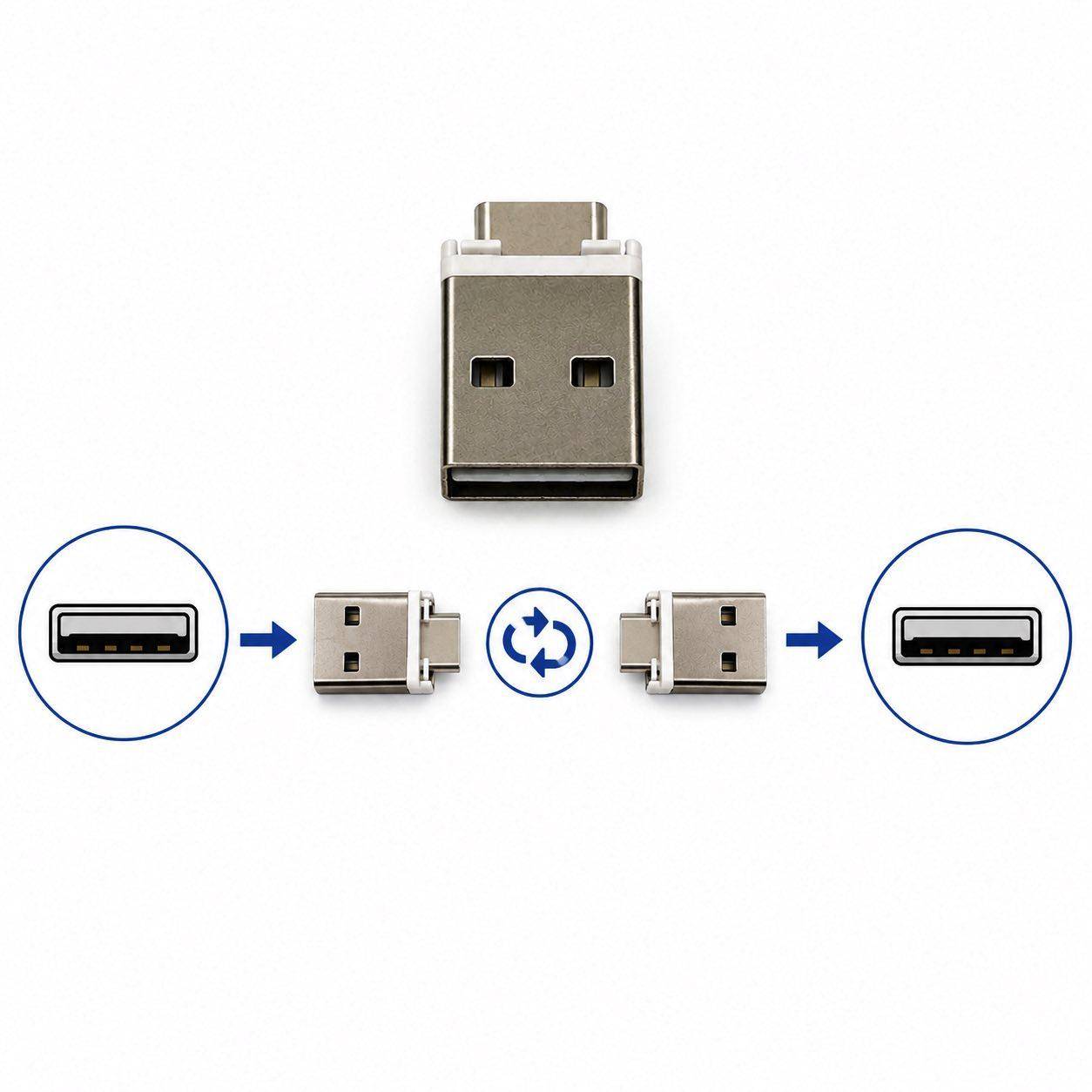 USB-Adapter mit USB-C auf der einen Seite und USB-A auf der anderen Seite, dargestellt als Schaltplan für reversible Steckerkonvertierung.