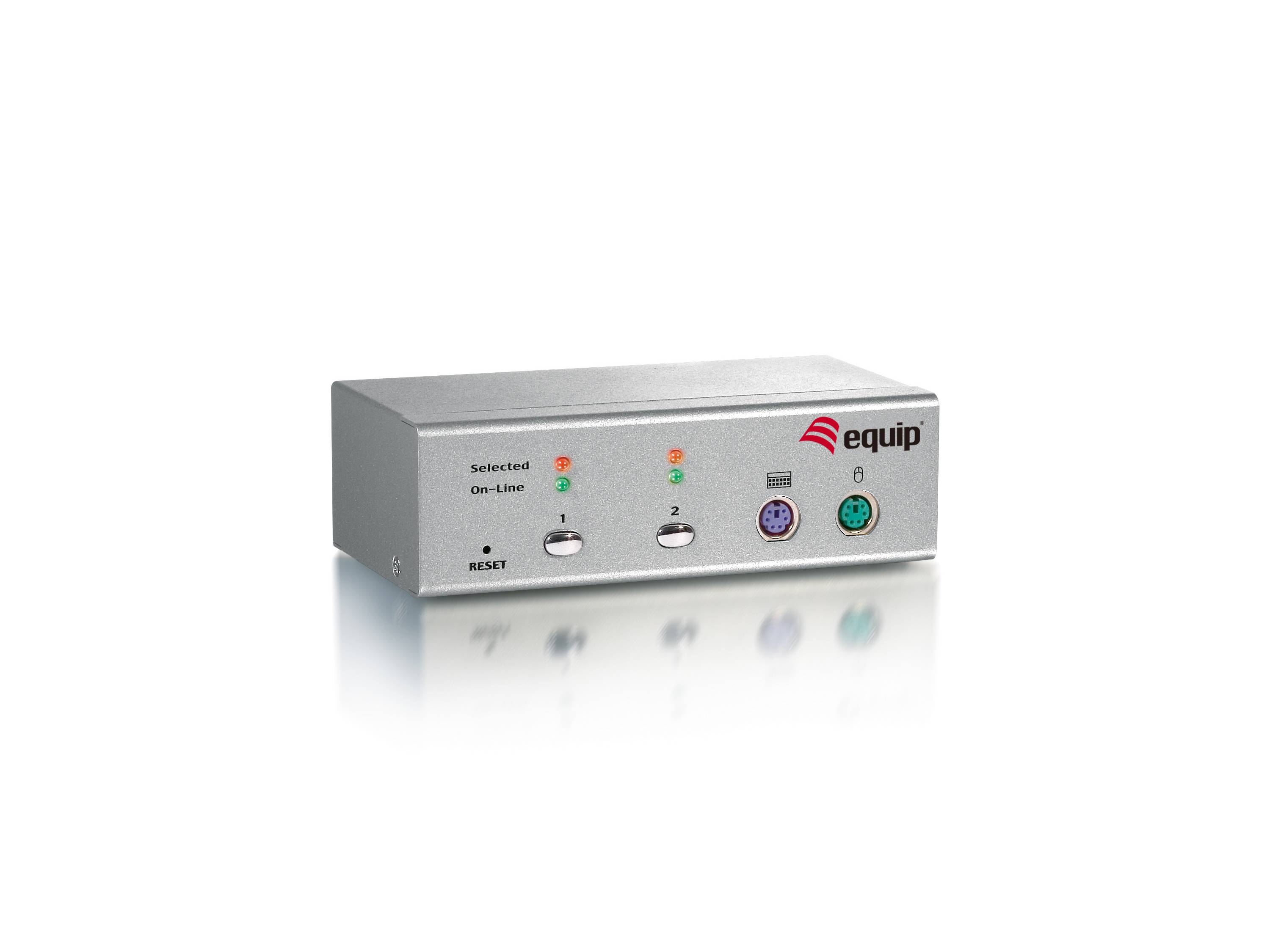 Silberne 2-Port-KVM-Switch-Box mit Status-LEDs, Reset-Taste und zwei runden Anschlussanschlüssen auf der Vorderseite.