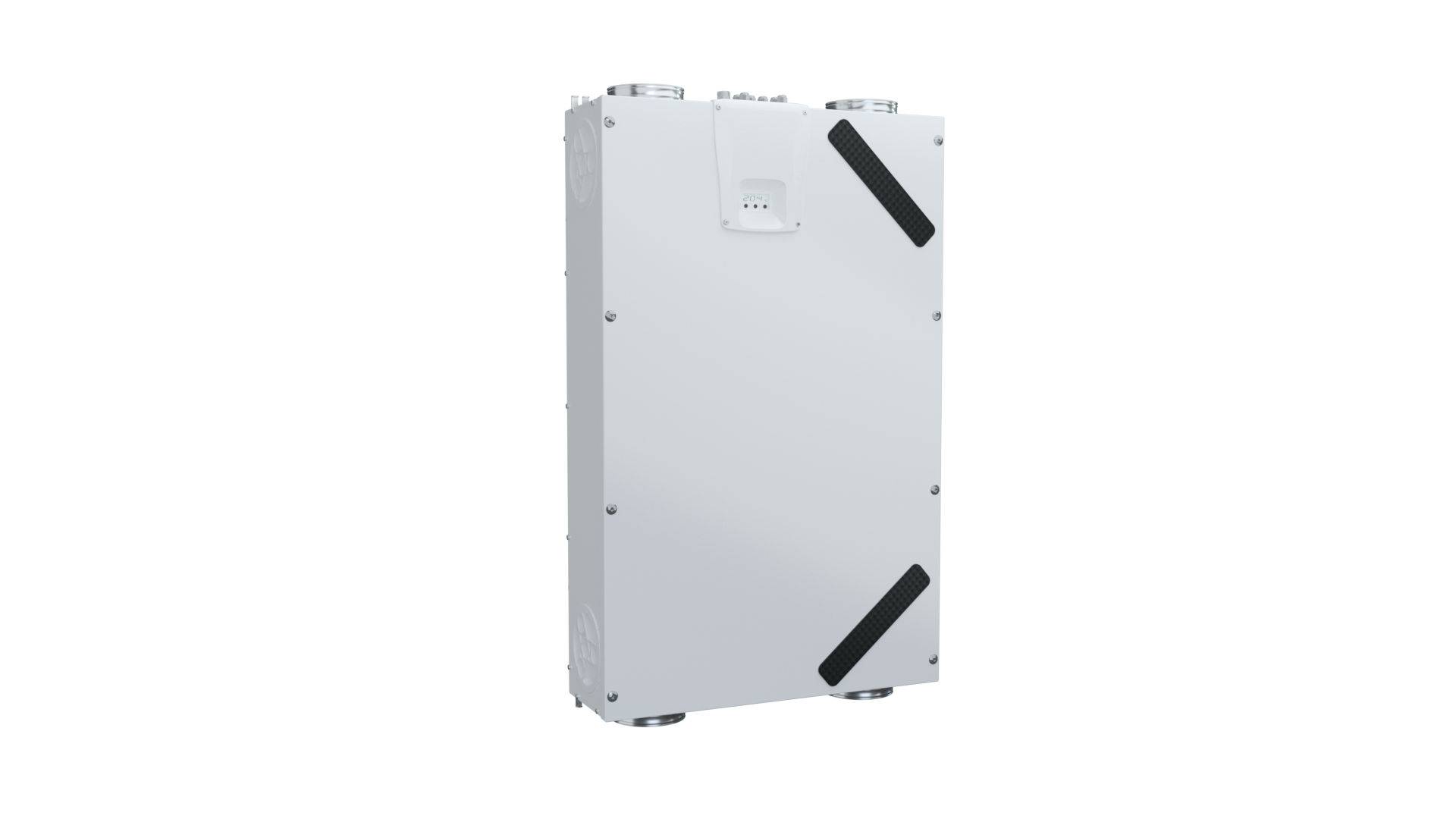 Weiße rechteckige Metallumhüllung oder Ausrüstungsschrank, gezeigt in Dreiviertelperspektive, mit dunklen diagonalen Eckenakzenten und einem kleinen Zugangsfeld.