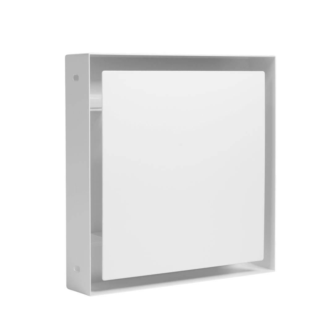 Weiße quadratische, an der Wand montierte Box oder Spender mit offener, vertiefter Vorderseite, gezeigt vor einem schlichten Hintergrund.