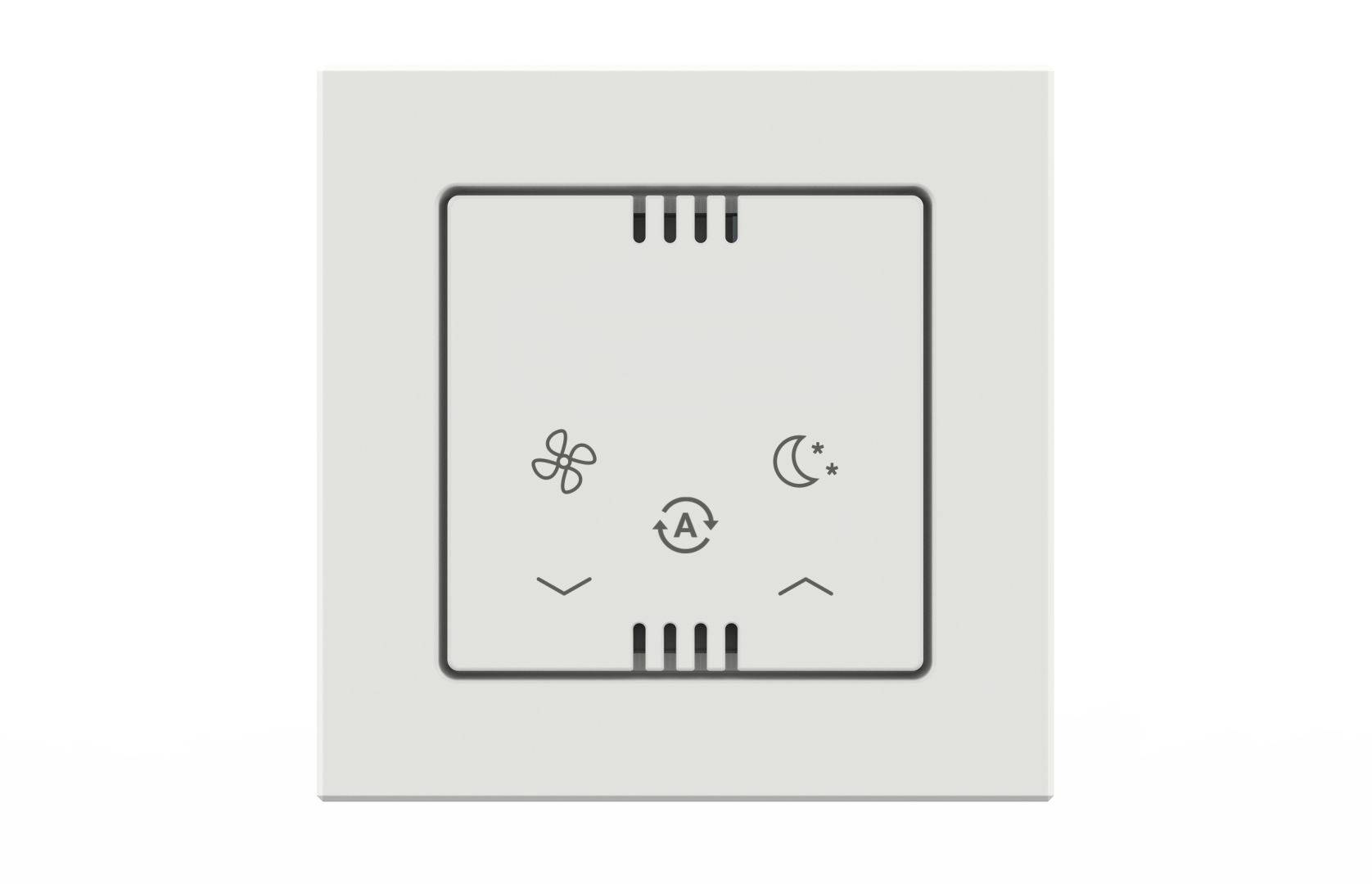Quadratische Wandsteuerungsleiste mit Symbolen für Ventilator, Automatikbetrieb und Nachtmodus sowie Aufwärts- und Abwärtspfeilen zum Anpassen der Einstellungen.