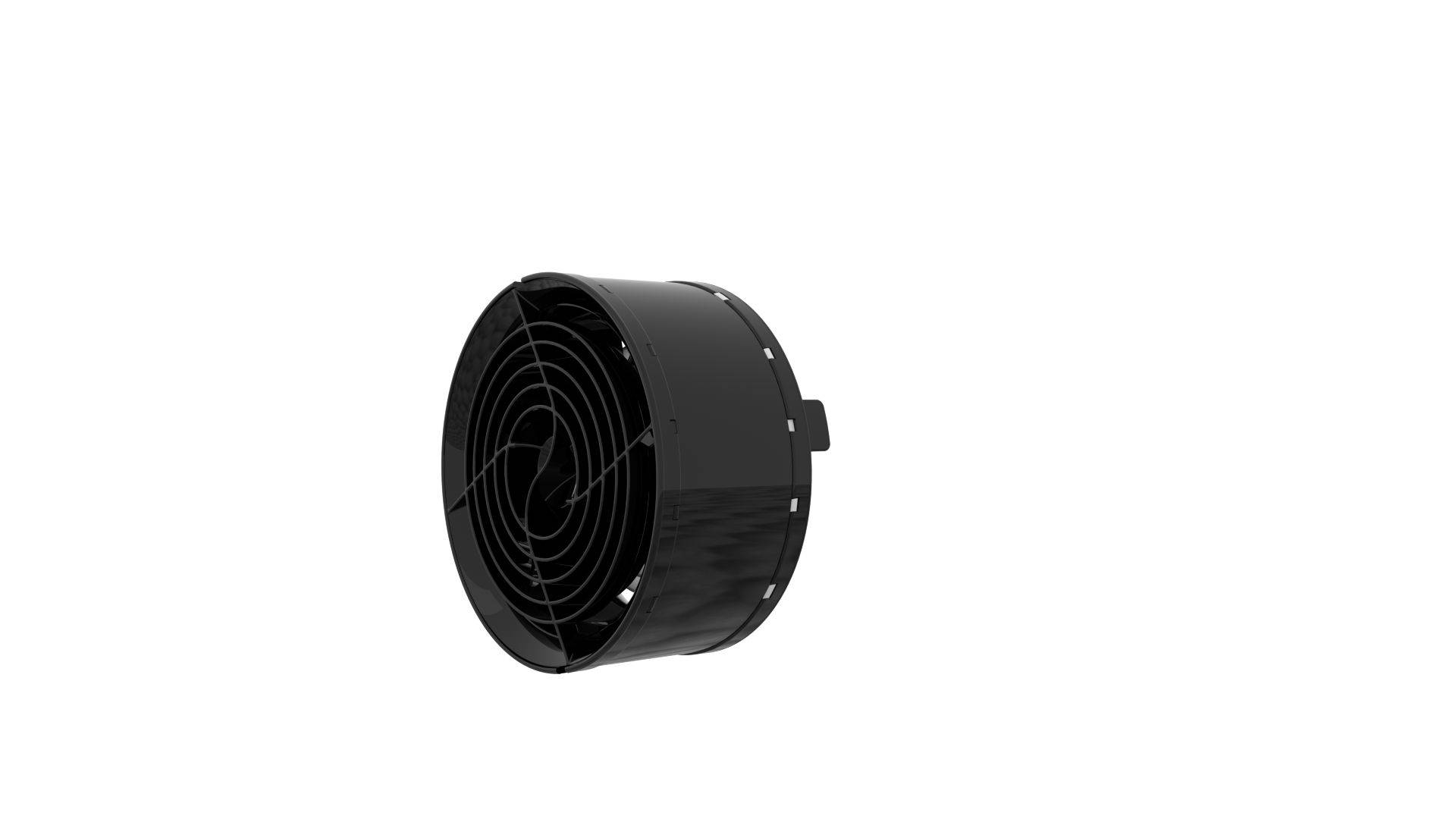 Schwarzes zylindrisches Gehäuse eines Ventilators oder Gebläses mit einer vorderen Gitterblende, dargestellt vor weißem Hintergrund.