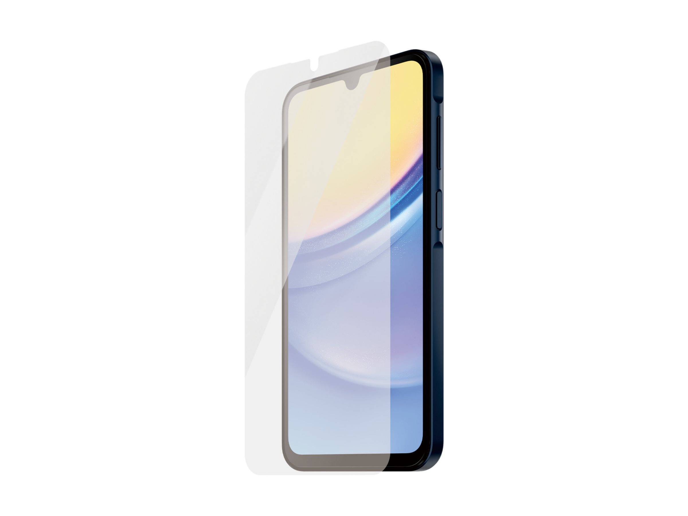 Ein Smartphone mit einem teilweise angebrachten transparenten Displayschutz, das ein schwarzes Telefon auf weißem Hintergrund zeigt.