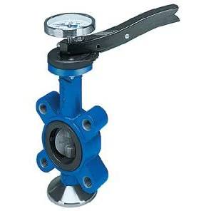 Blauventil mit Schmetterlingsgriff und rundem Manometer oben, auf weißem Hintergrund dargestellt.