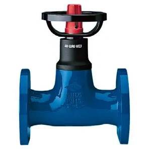 Blauventil für Industrierohre mit Flanschenden und rotem-schwarzem Oberantrieb, vor weißem Hintergrund dargestellt.