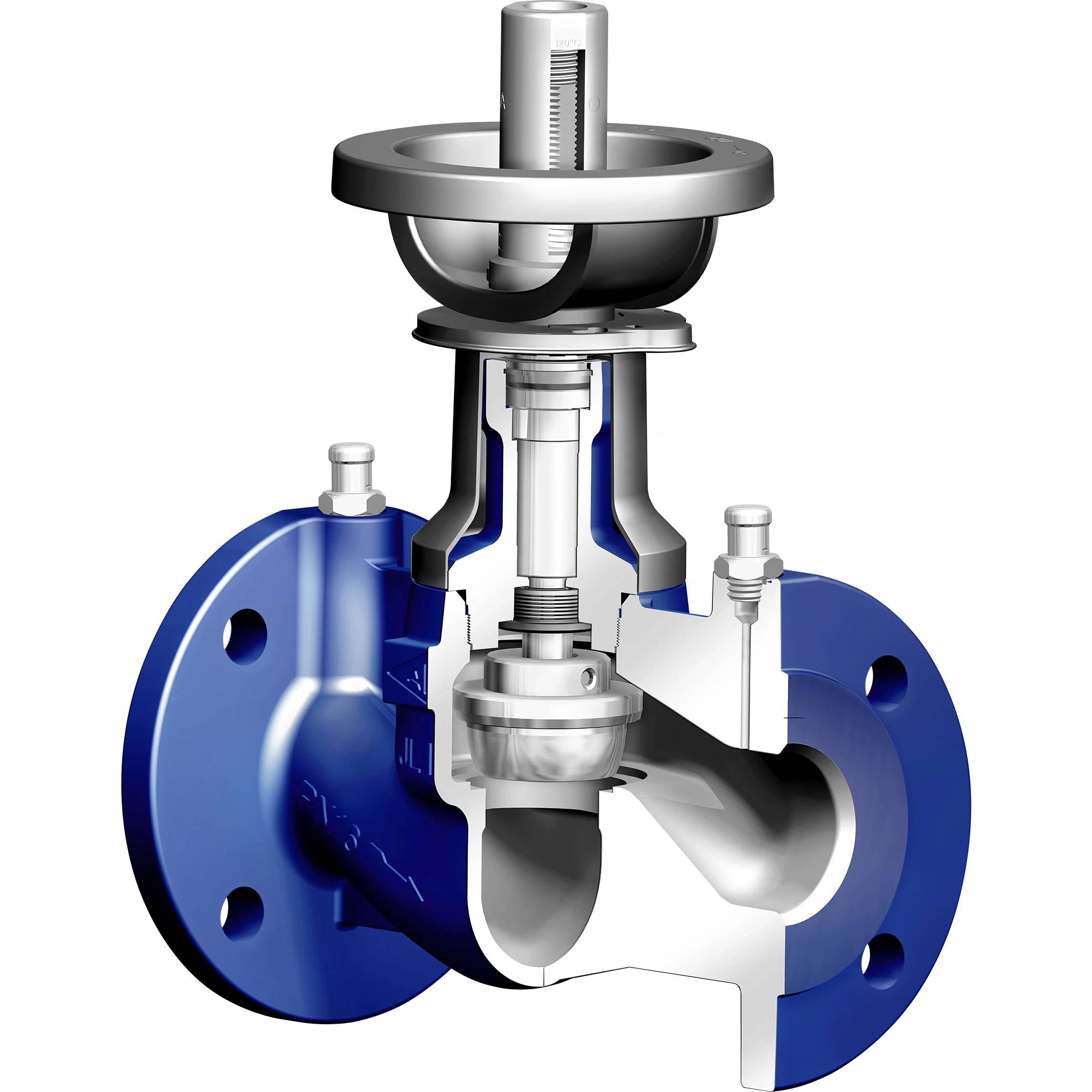 Schnittzeichnung eines Flansch-Regelventils mit dargestelltem innerem Ventilschaft, Ventilkegel und Fluidströmungsweg innerhalb eines blauen Metallgehäuses.