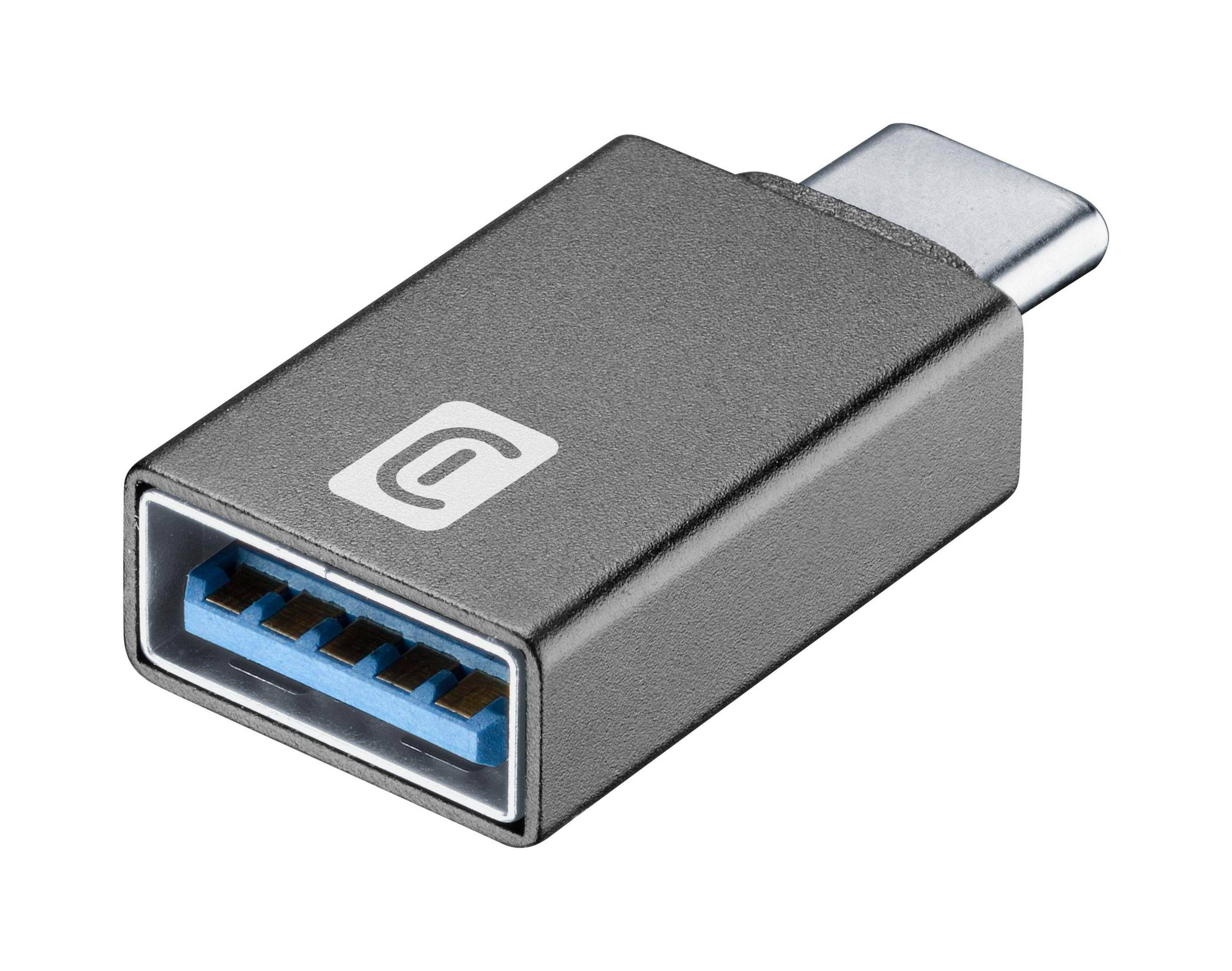 USB-C auf USB-A Adapter mit weiblichem blauem USB-A-Anschluss und silbernem USB-C-Stecker auf weißem Hintergrund.