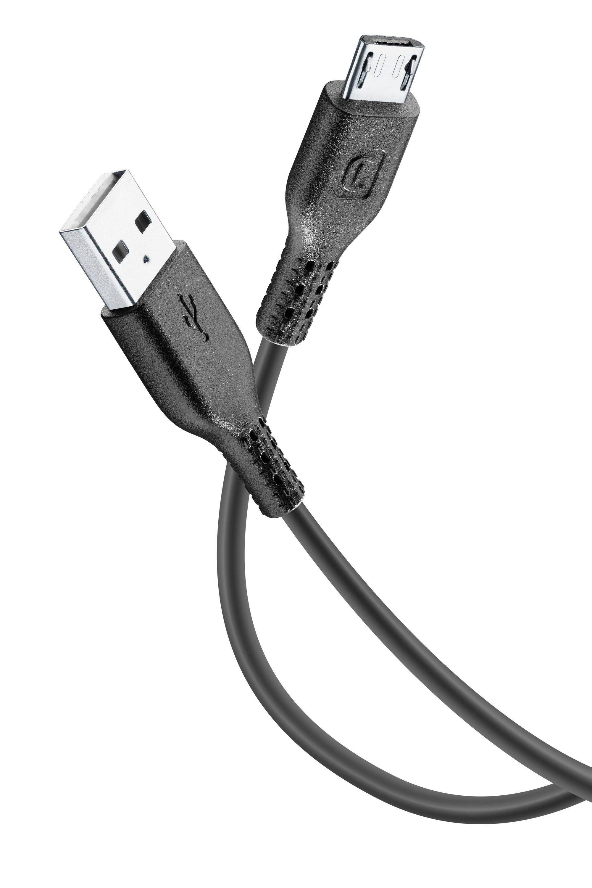 Schwarzes USB-A-zu-Micro-USB-Ladekabel mit zwei verbundenen Steckern auf weißem Hintergrund