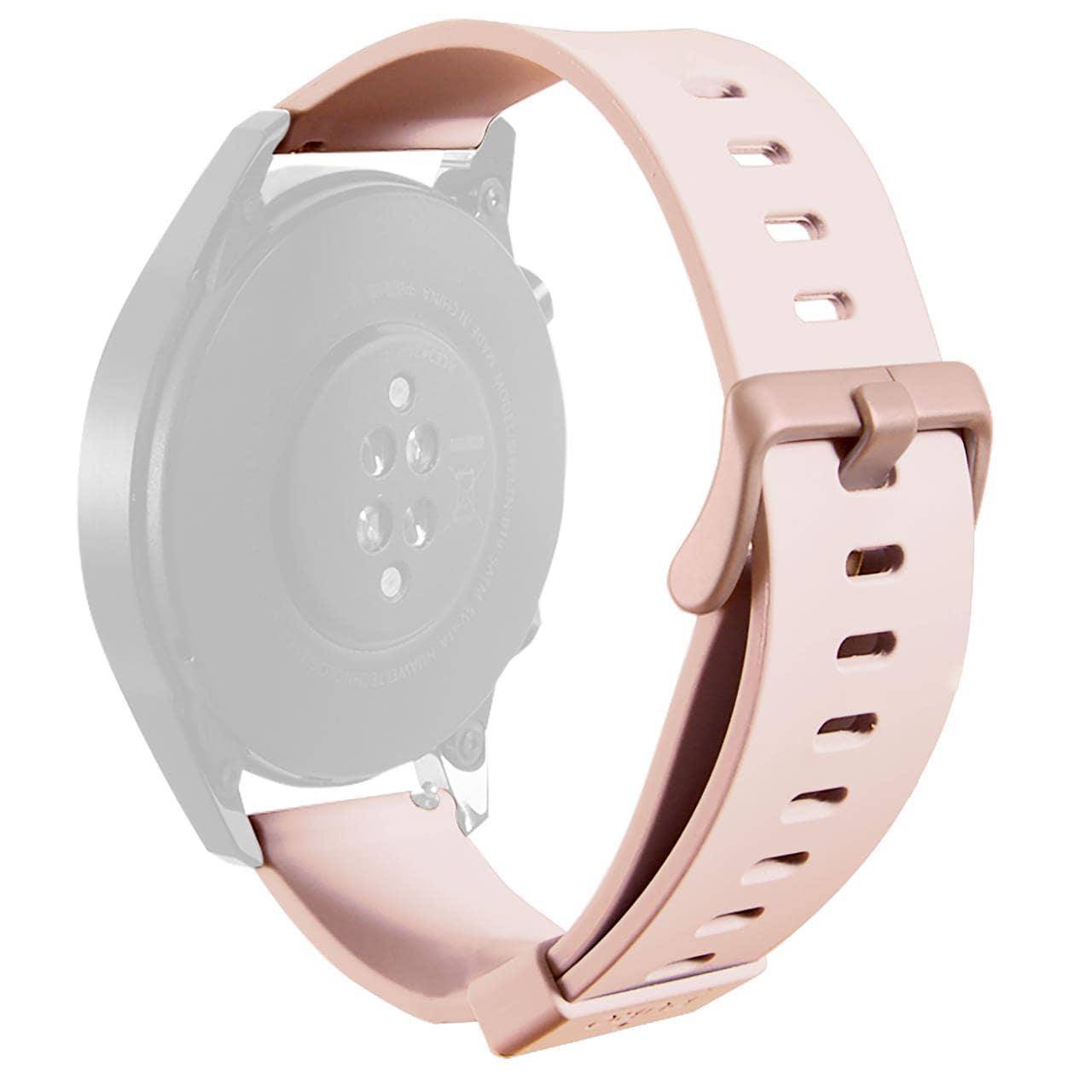 Rosa Silikon-Uhrenarmband mit Schnalle, gezeigt auf der Rückseite eines Smartwatch-Gehäuses.
