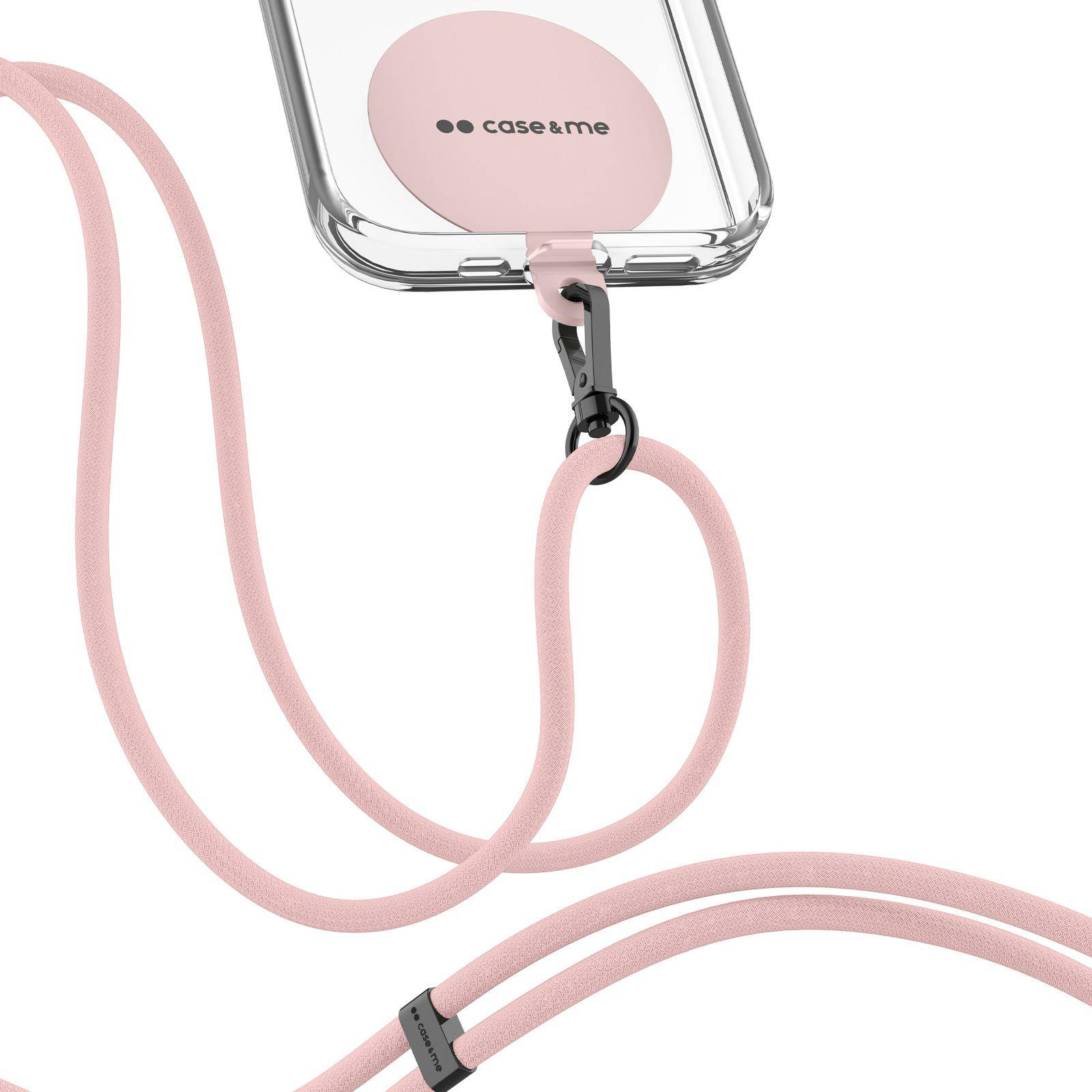 Pinkes Handyhüllenetui mit angebrachtem rosa Umhängeband und schwarzem Clip, abgebildet auf einer durchsichtigen Hülle mit 