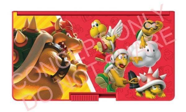 Buntes Nintendo Switch-Etui mit Super Mario-Figuren, einschließlich Bowser, Yoshi, Koopa und anderen auf rotem Hintergrund.
