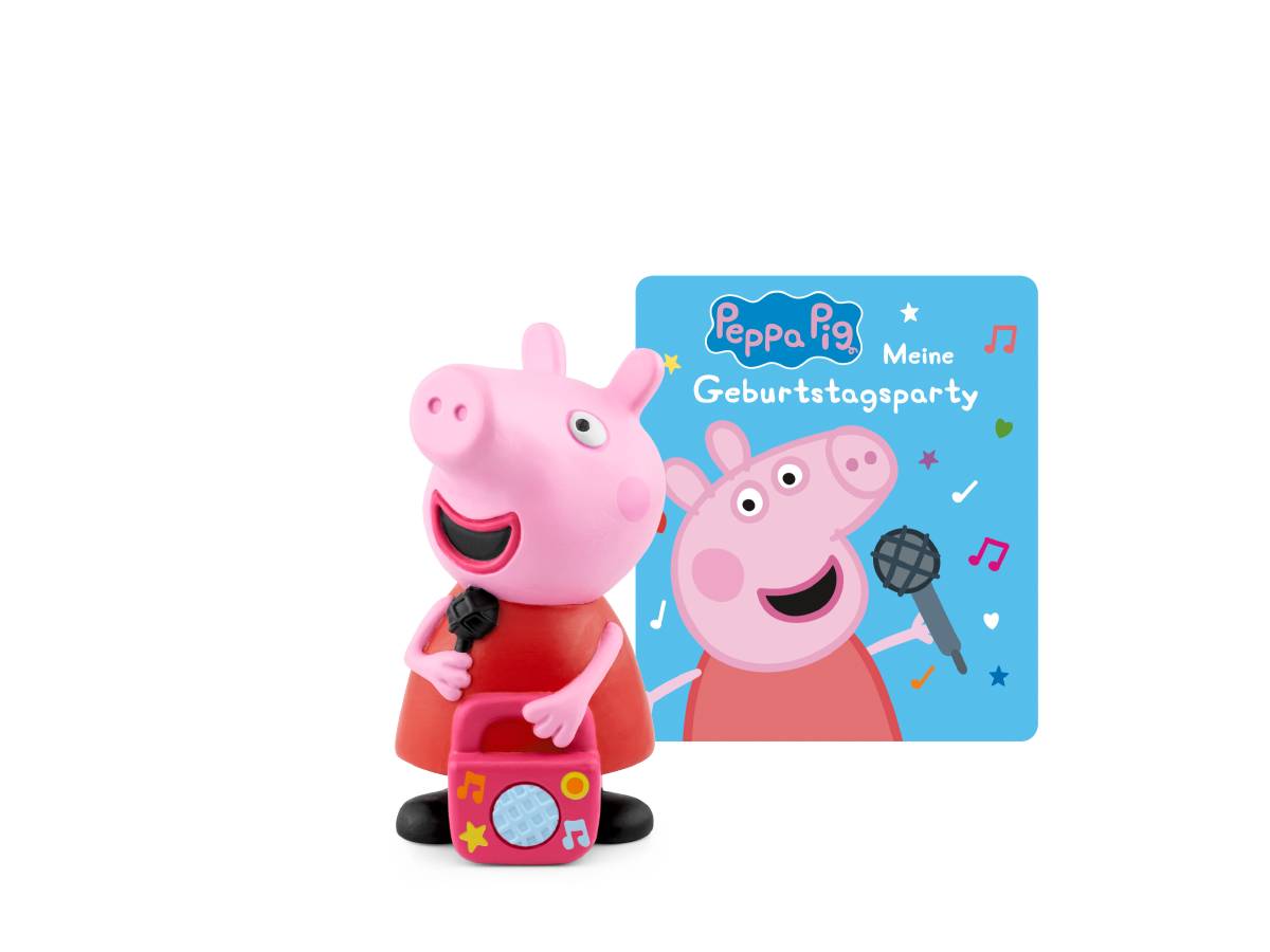 Peppa Pig-Figur mit Mikrofon und rosa Geschenktasche vor einem Cover von „Peppa Pig Meine Geburtstagsparty