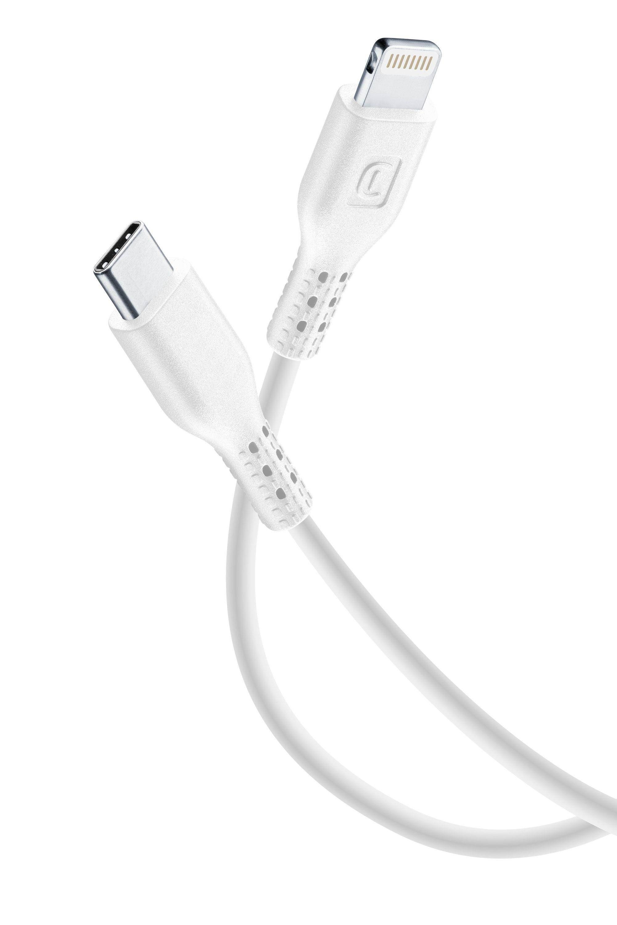 Weißes USB-C-auf-Lightning-Ladekabel mit zwei abgewinkelten Steckern auf weißem Hintergrund.