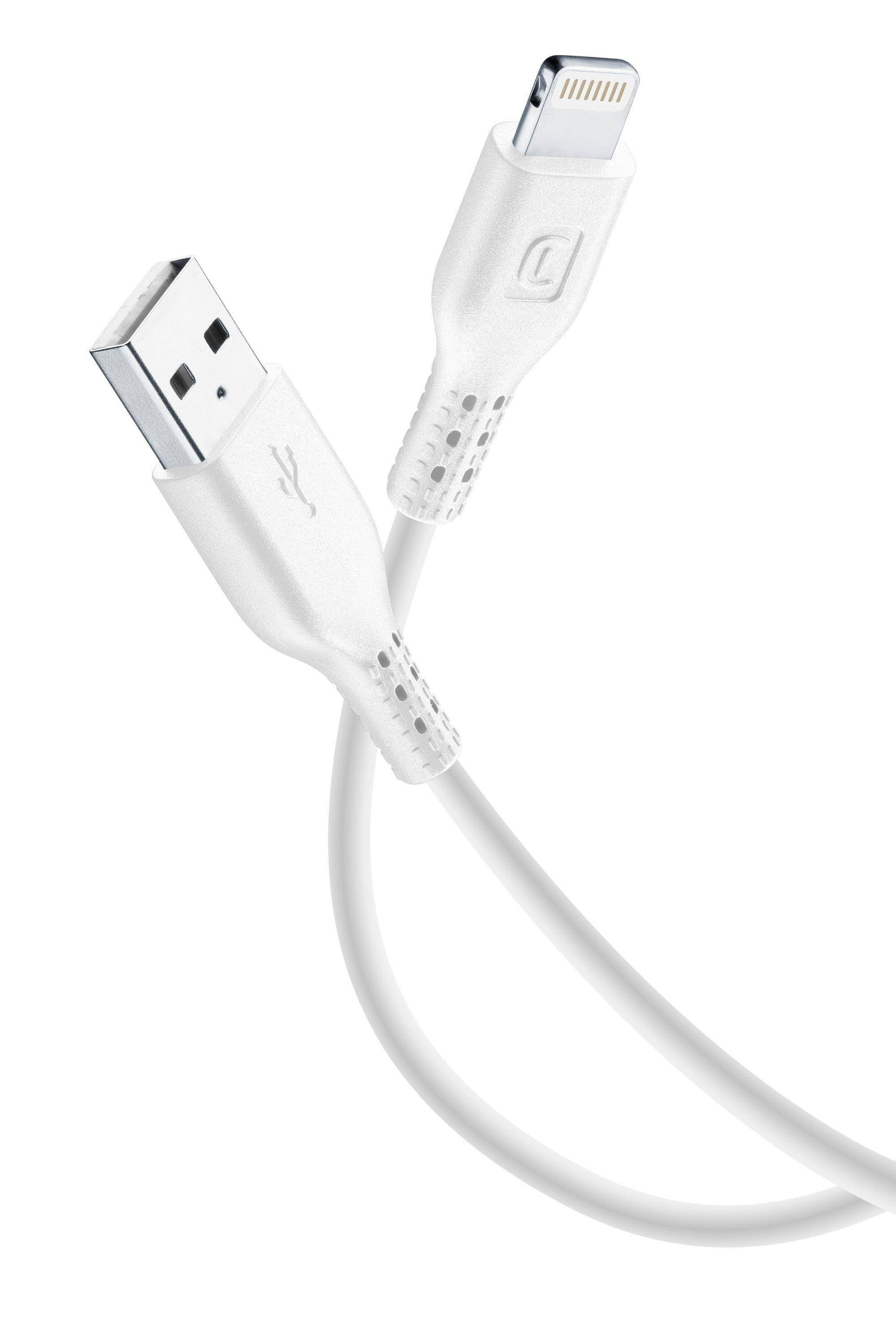 Weißes USB-A-zu-Lightning-Ladekabel mit beiden Anschlüssen auf einem einfachen weißen Hintergrund gezeigt.