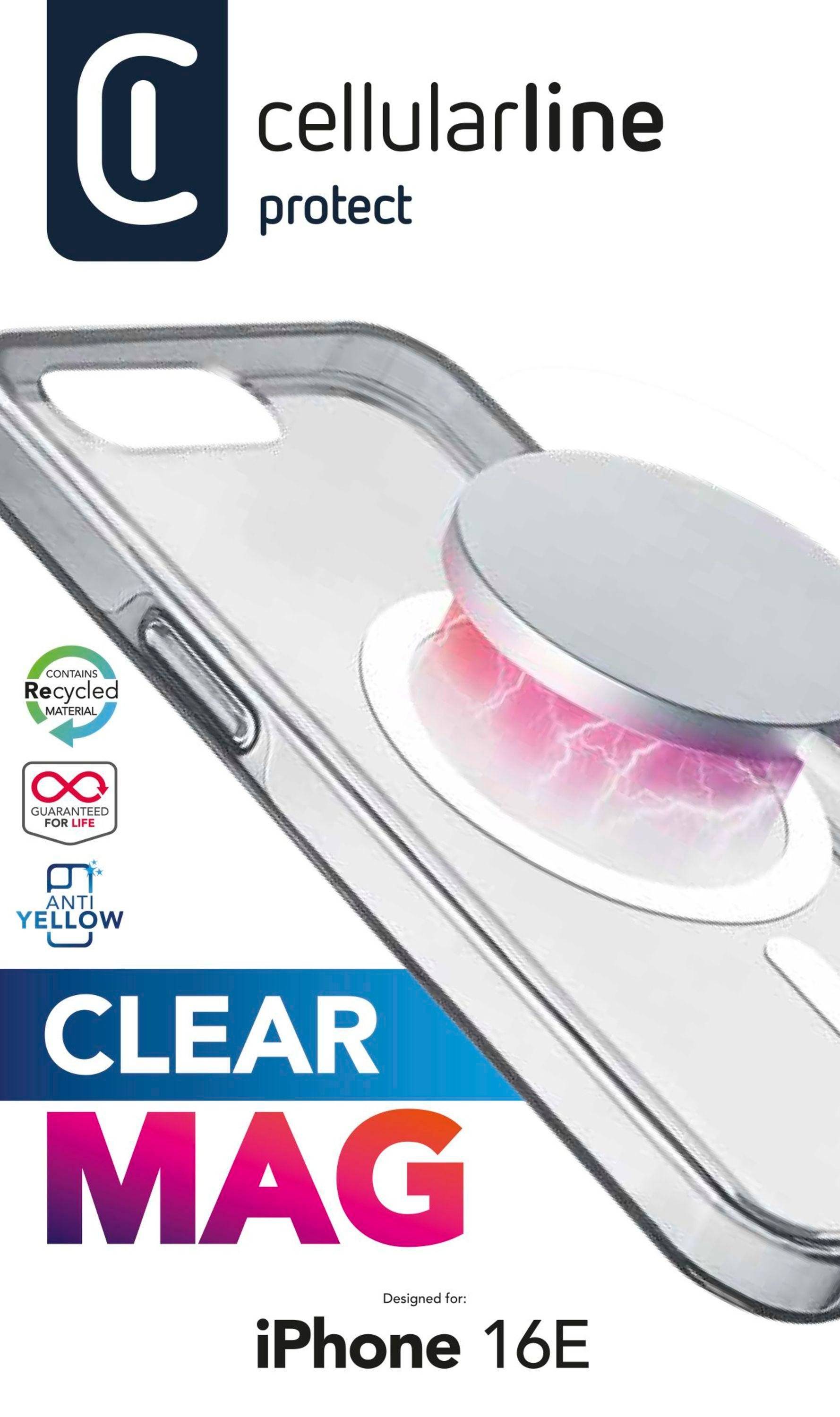 Cellularline Protect Clear Mag-Hülle für iPhone 16E, dargestellt mit magnetischem Ring und Abzeichen für Anti-Vergilbung und recyceltes Material.