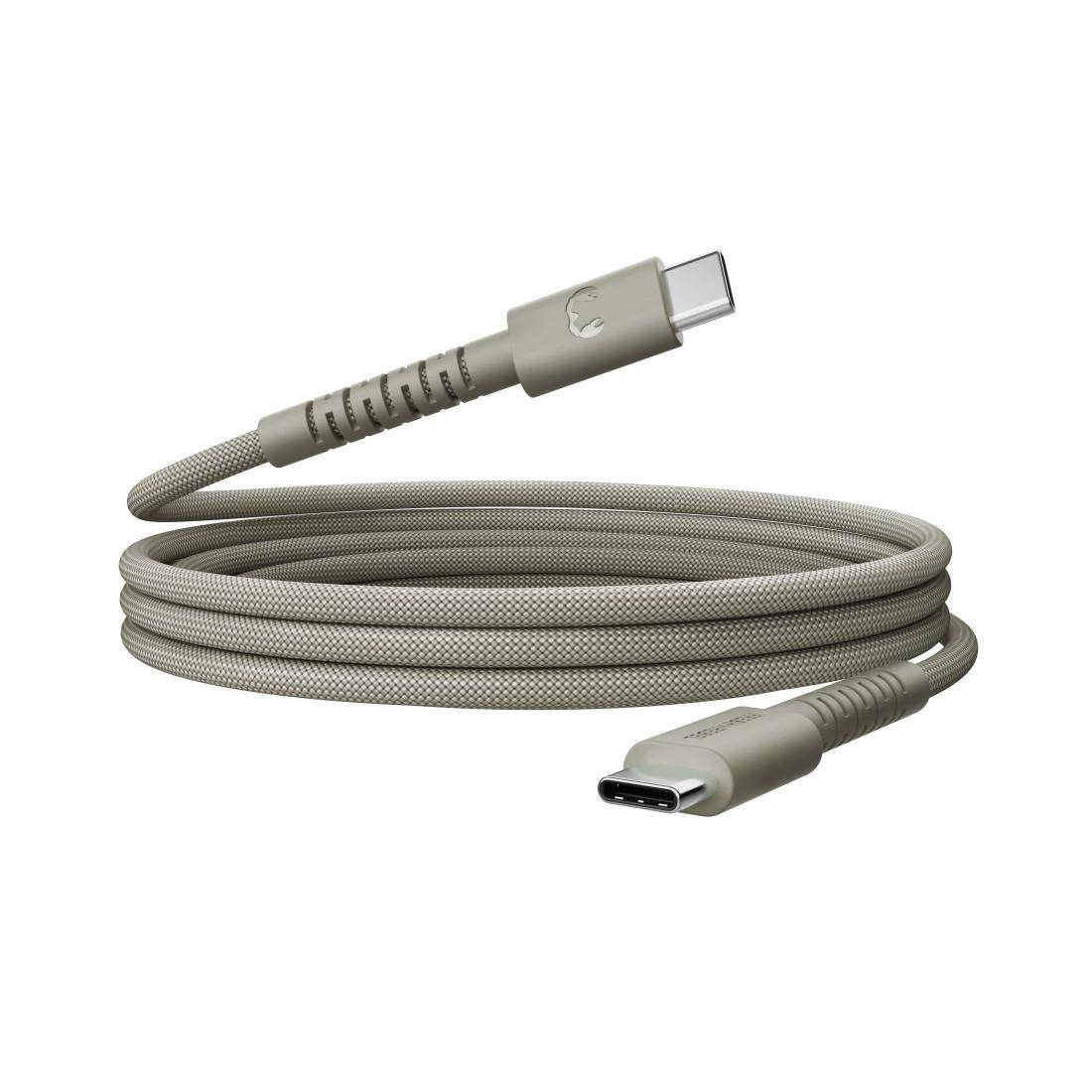 Aufgerolltes USB-C-Ladekabel mit geflochtenem grauem Mantel und passenden Steckverbindern an beiden Enden.