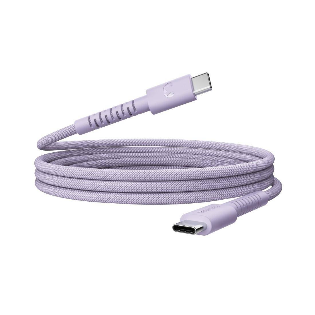 Lavendelfarbenes geflochtenes USB-C-Ladekabel, auf weißem Hintergrund aufgerollt, beide Stecker sichtbar.