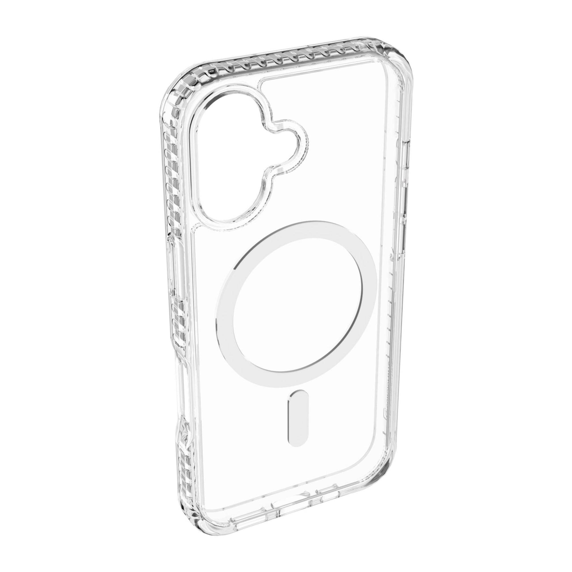 Durchsichtige Smartphone-Schutzhülle mit MagSafe-Ring und Aussparung für die rückseitige Kamera.