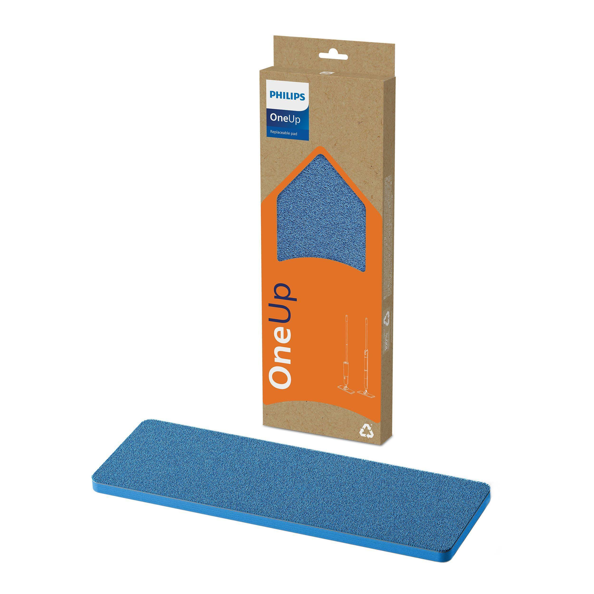 Philips OneUp blaues rechteckiges Reinigungstuch, gezeigt mit seiner braunen Einzelhandelspacku ng.